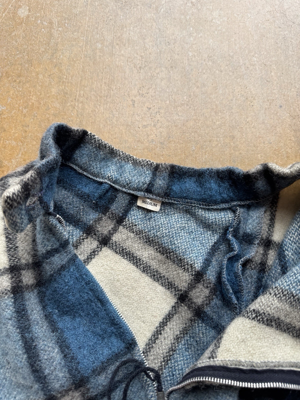 VTG 60s Pioneer Wear Side Zip Up Wool Poncho Scarf Plaid Blue Fringe Western M