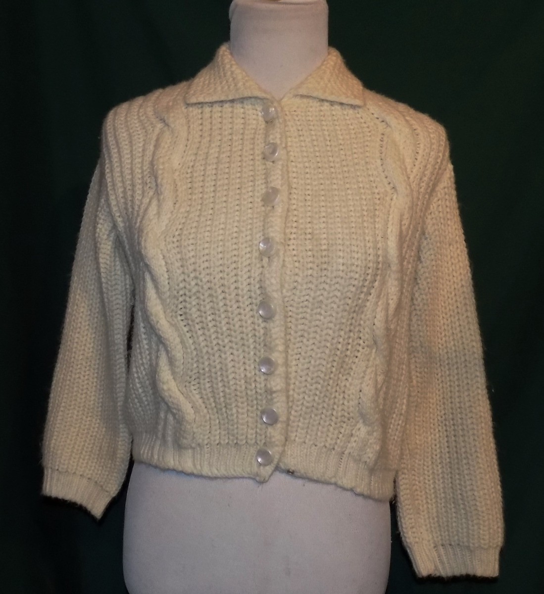 Vintage 50s 60s Winter White Orlon Cable Knit Sweater B40 Cardigan