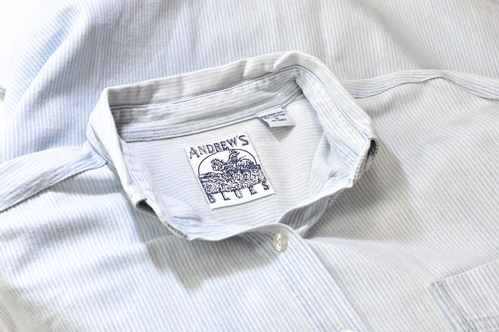 90s Vintage Blouse Top Womens M Andrews Blues White & Blue Rail Road Stripes