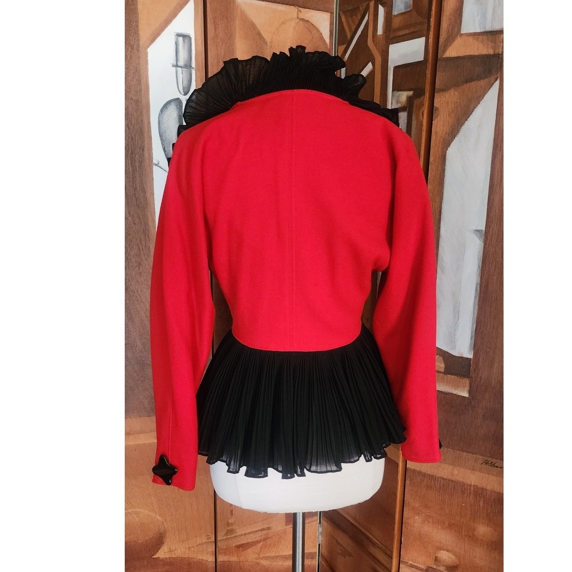 Vintage 1980s Jean Muir Jacket Red Black Ruffle Trim Evening Blazer with Peplum