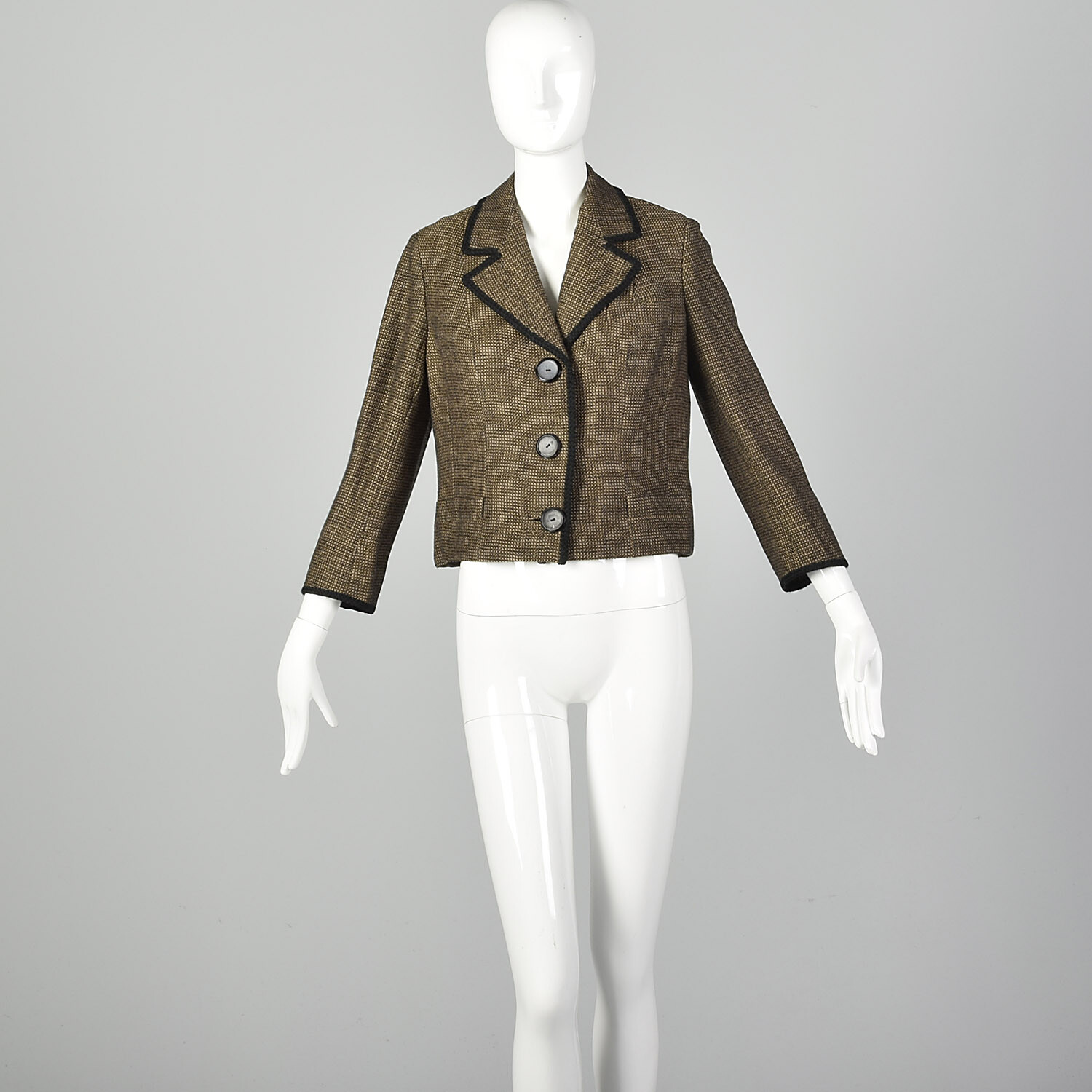 L 1960s Brown Jacket Boxy Tweed Black Trim 3/4 Sleeve Lightweight Blazer 60s VTG