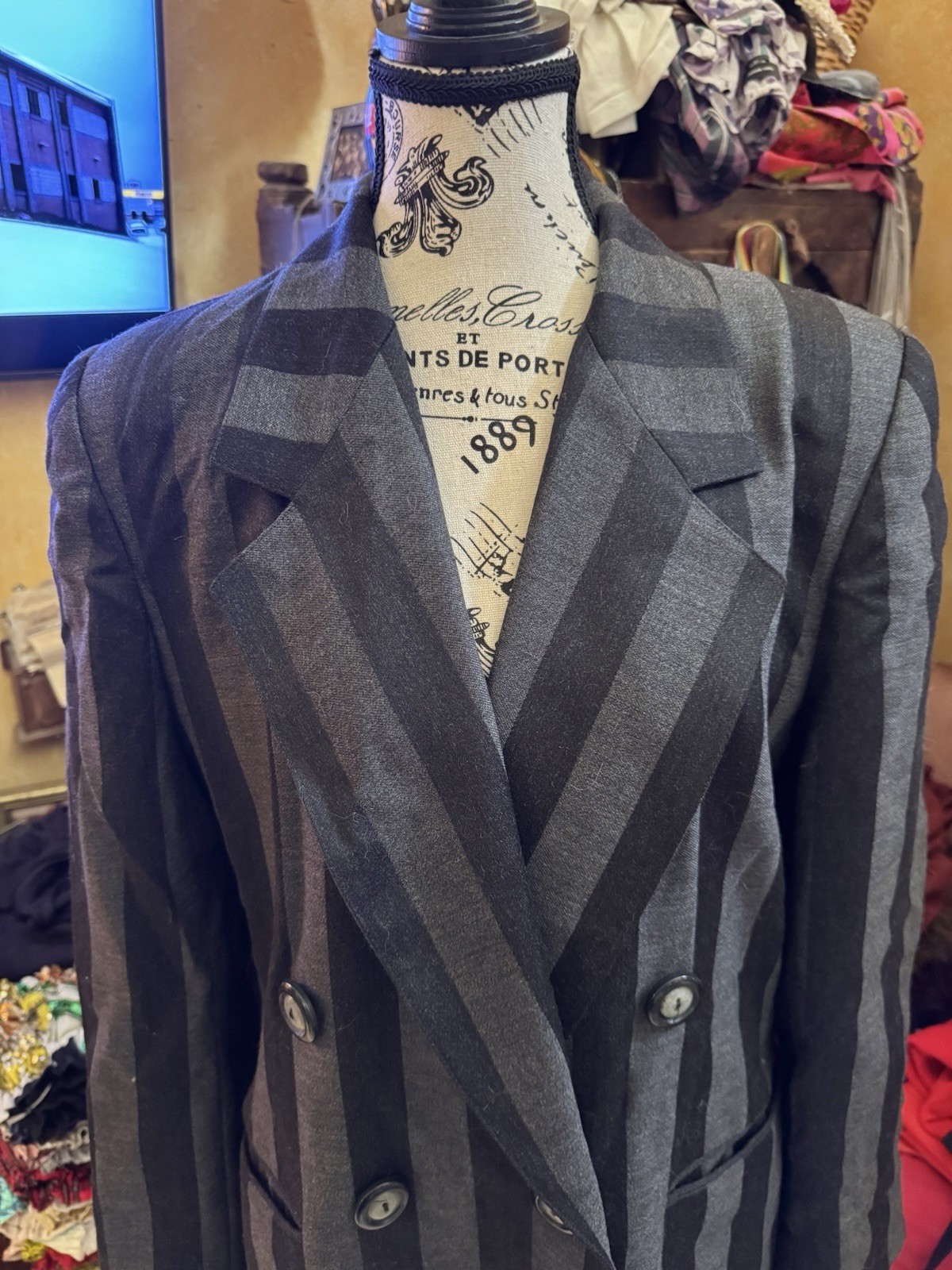 Vtg Harve Benard Wool Black Fray Stripe Blazer Jacket Shoulder Pads Double 12 M