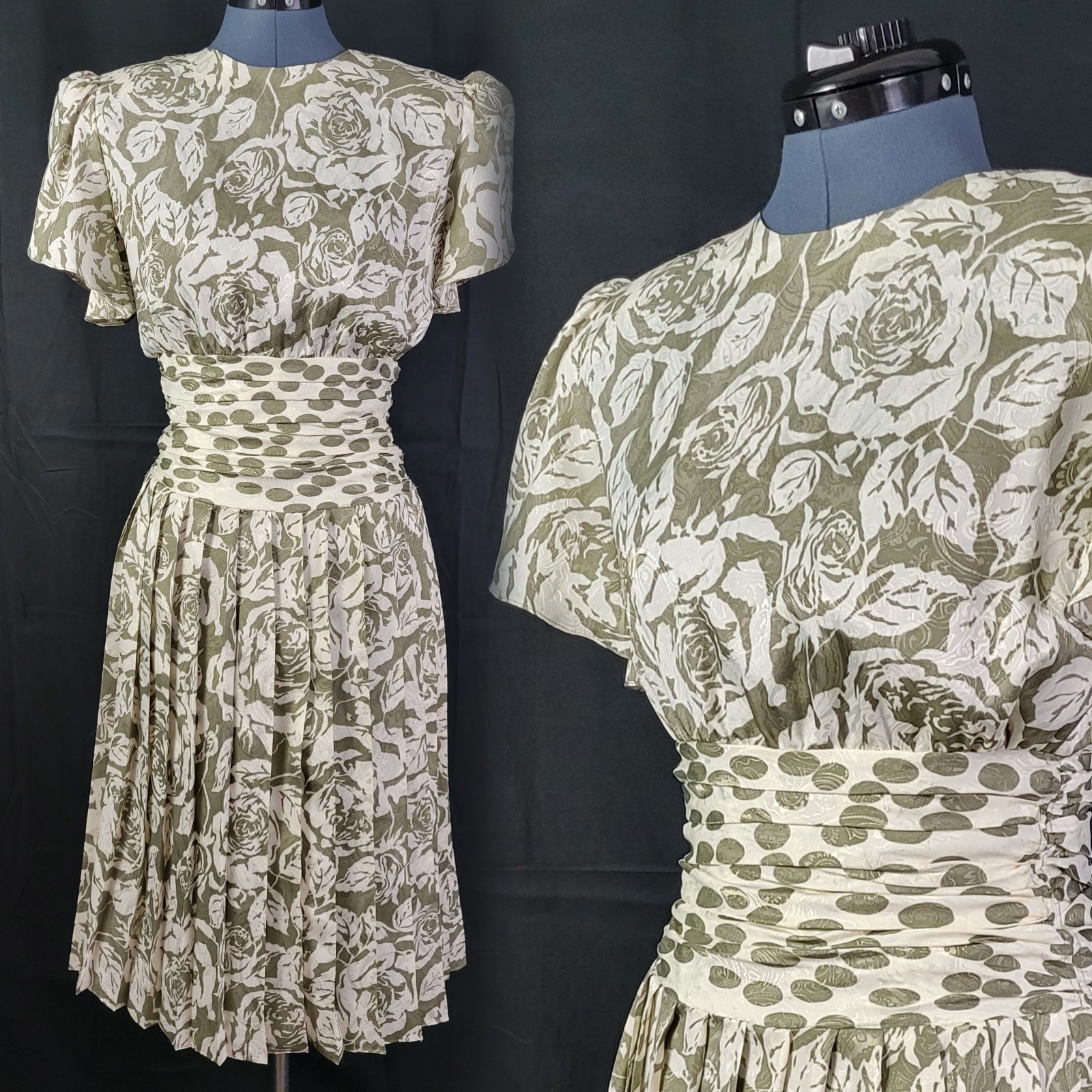 Vintage Gold & Cream Rose Floral Blouson Dress w Contrast Rouched Waist Size 6P