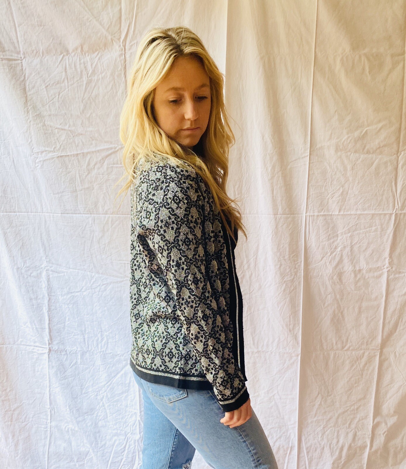 Vtg 1970s Size S Acrylic Lurex Open Cardigan Metallic Jacquard Knit Silver Black