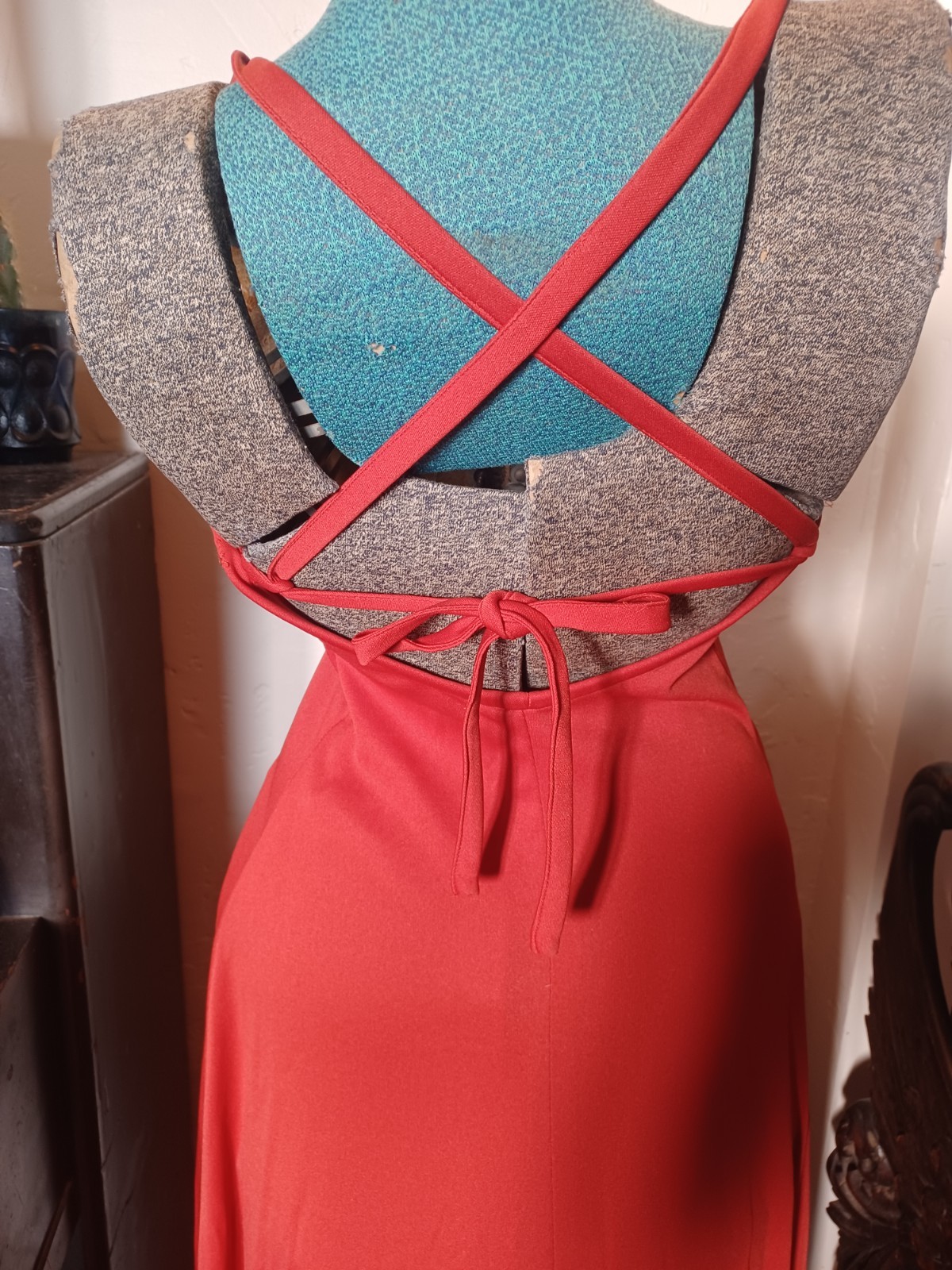 Vintage 1970s Orange-Red Strappy Disco Maxi-dress