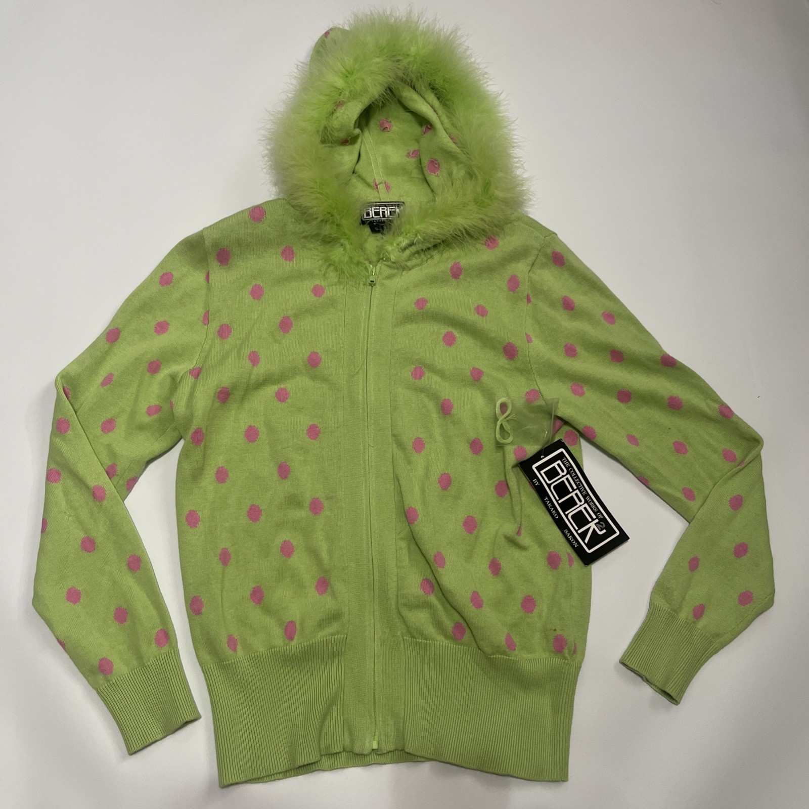 90s Y2K VTG S Lime Green Pink Polka Dot Zip Sweater Fur Hood Lizzie McGuire