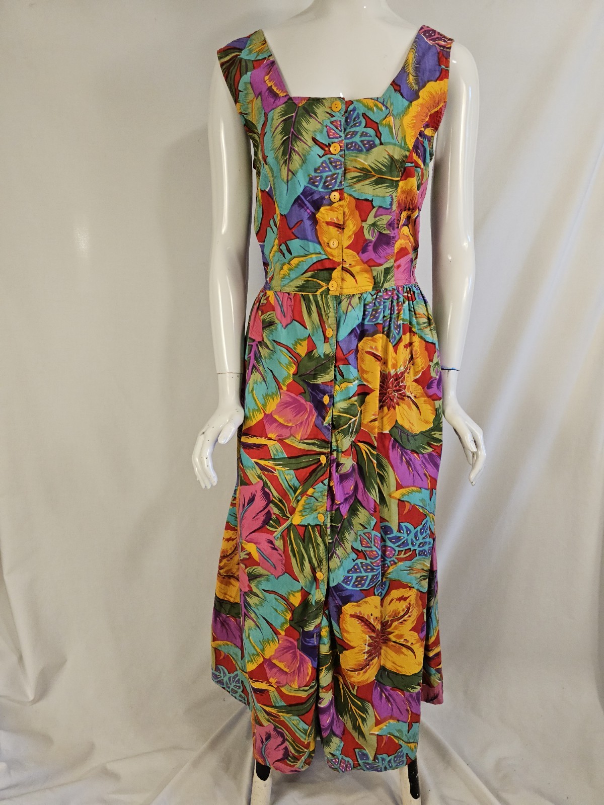 90s Vintage Dress Peek Hole Back Tropical Print Button Front Flare Pockets M
