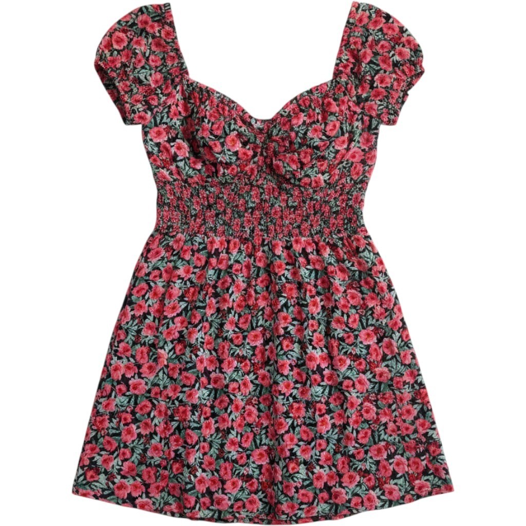 Old Navy Womens Floral Smocked Waist Cap Sleeve Top Pink Red Navy Large Milkmaid