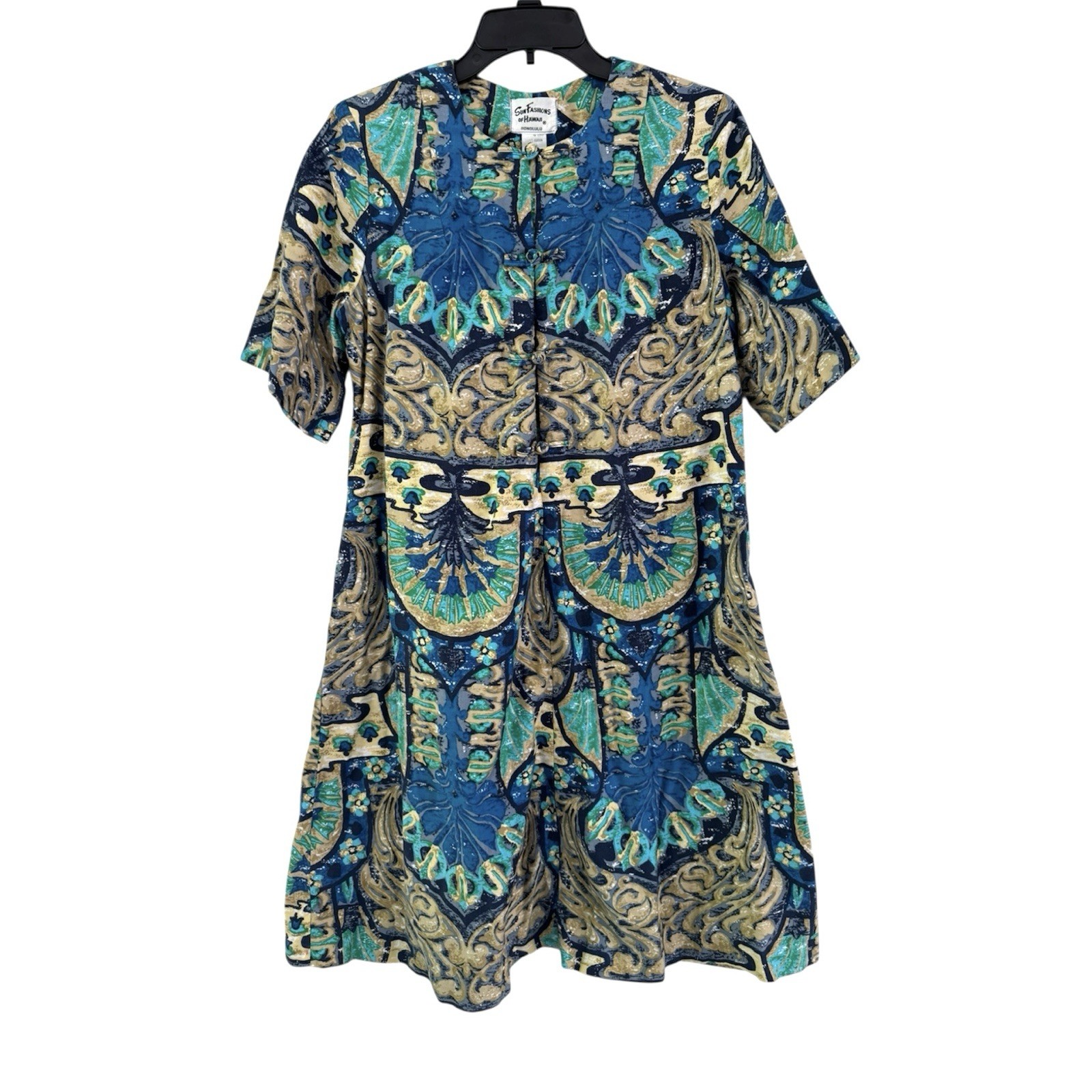 Vintage Sun Fashions of Hawaii Dress 14 Blue Turquoise Tropical Cotton Shift