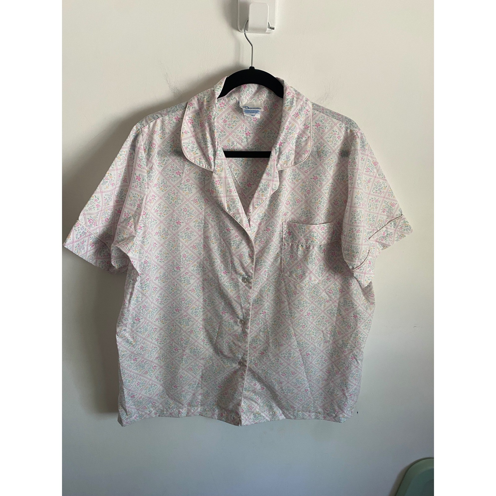 Vintage Damea Floral Trellis Pajama Top Short Sleeve Cotton Blend Pink Size 42
