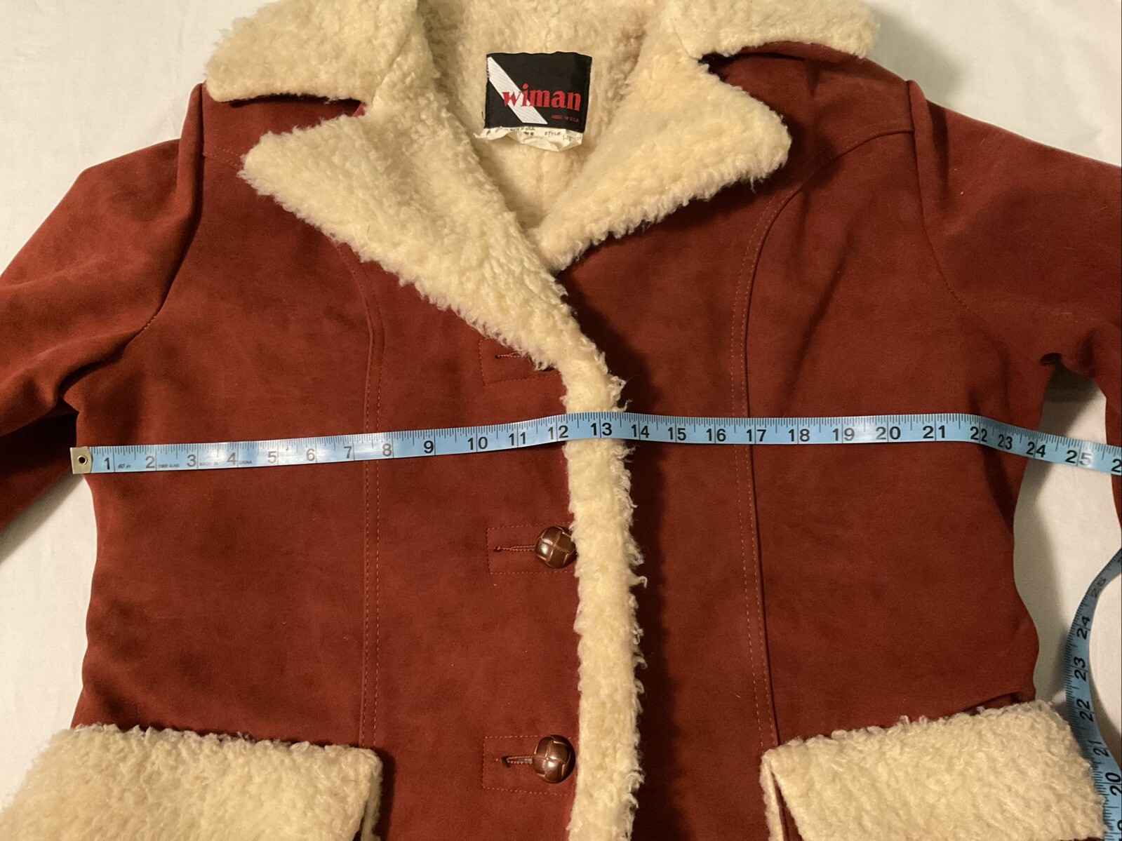Vintage 70s 80s Wiman Sherpa Vegan Faux Suede Coat Union Made USA Womens Size L