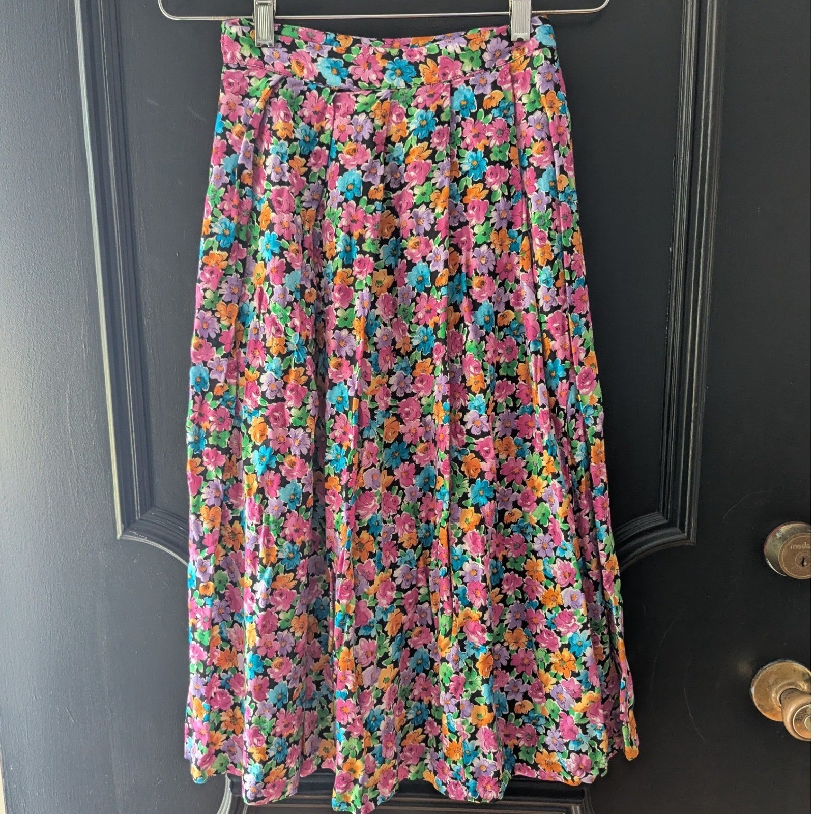 Vtg My Michelle Floral Midi Skirt 90s Rayon Pleated High Waist Pink Multi Sz 5