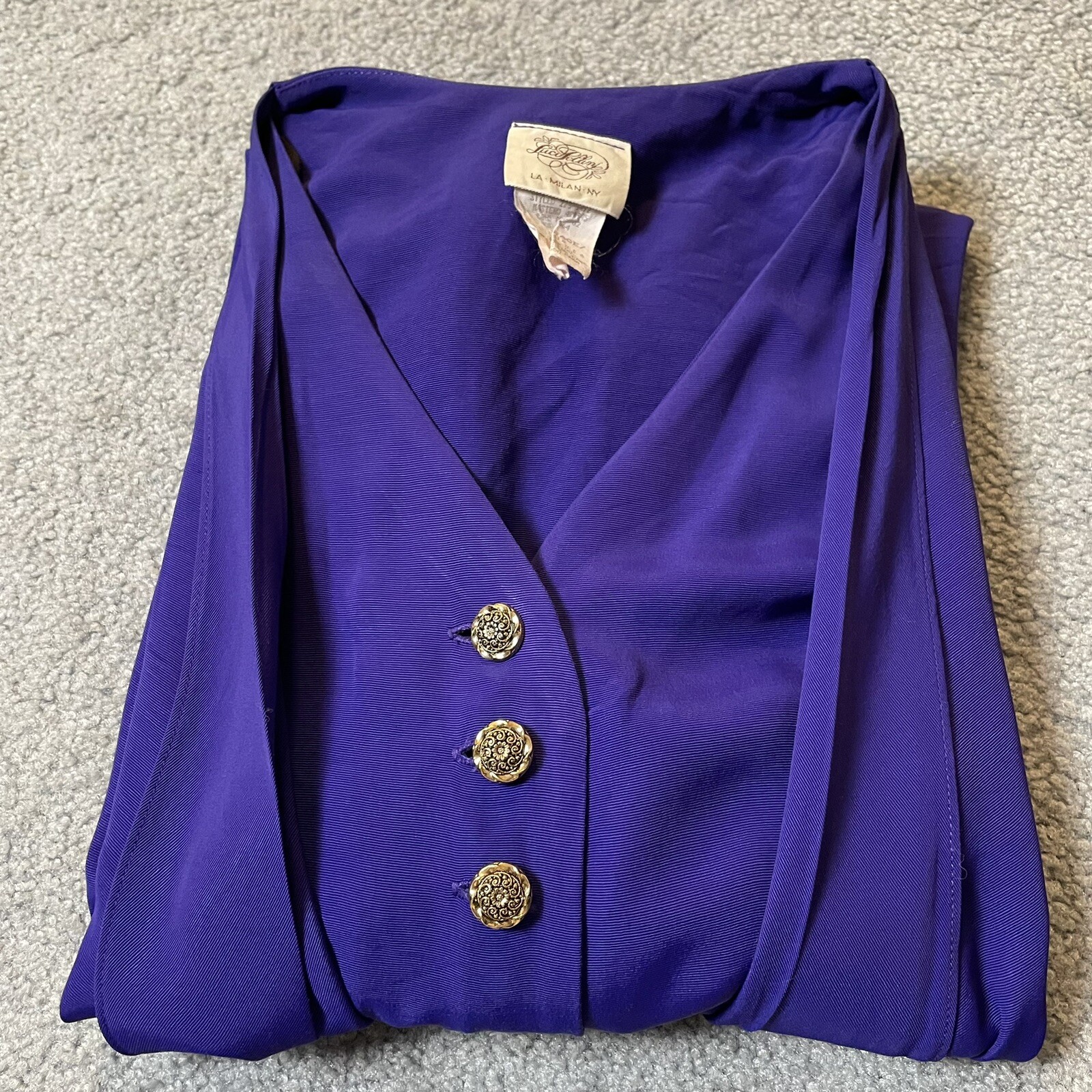 80s Luci Pellini Built-in Jacket Dress Sz 14 Purplish Blue Button Up USA Formal