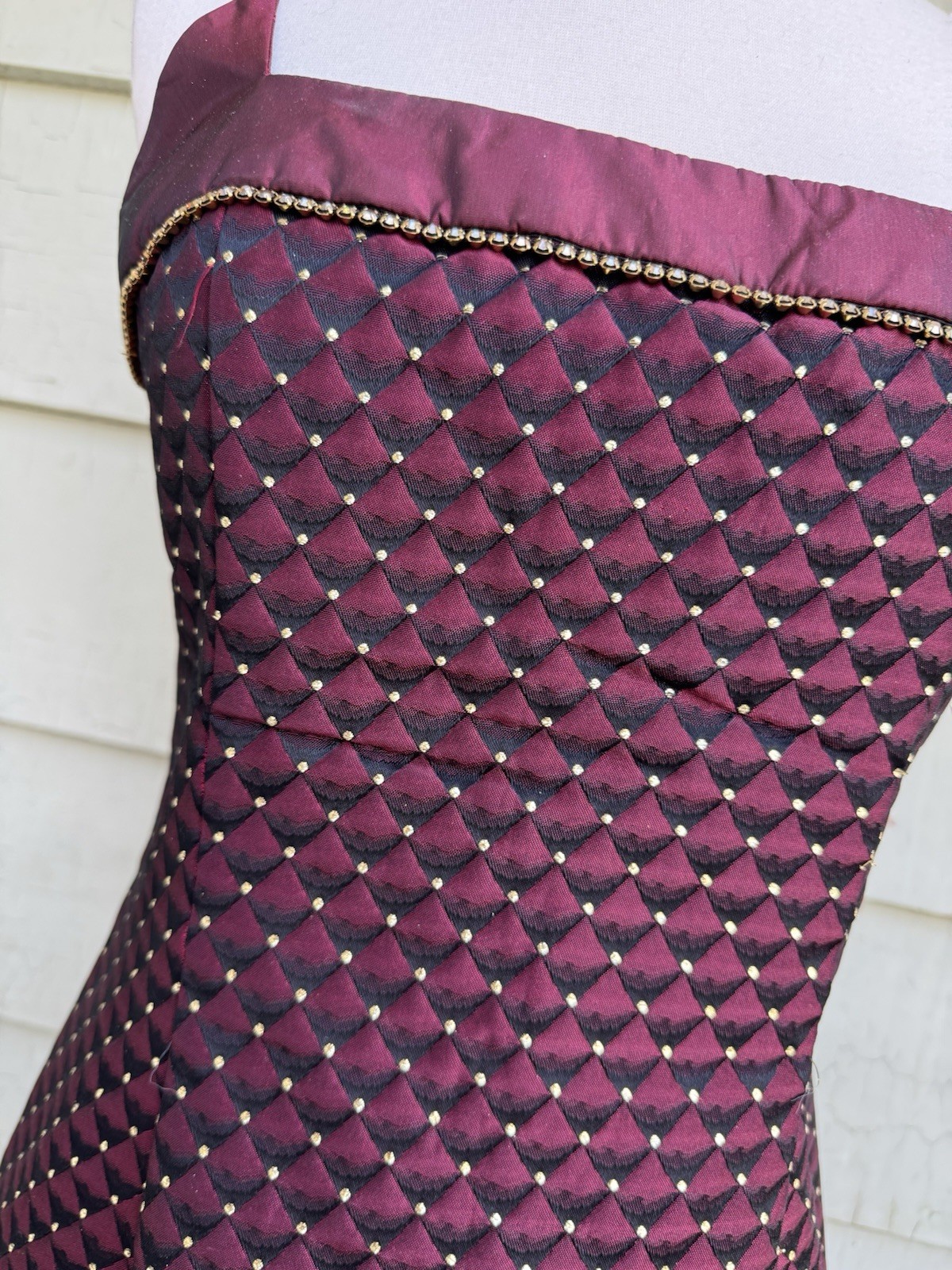 Vtg 90’s Jessica McClintock Mini Dress Burgundy Gold 7 Rhinestones Square Neck