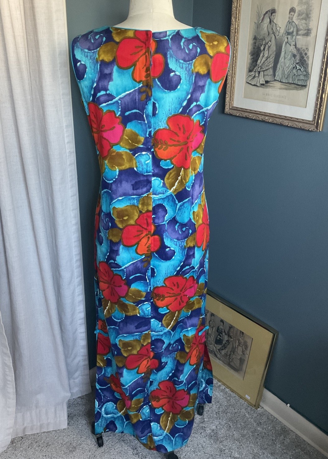 VTG 60s Hawaiian Sheath Dress Maxi Orange White Tropical Floral Sleeveless Small