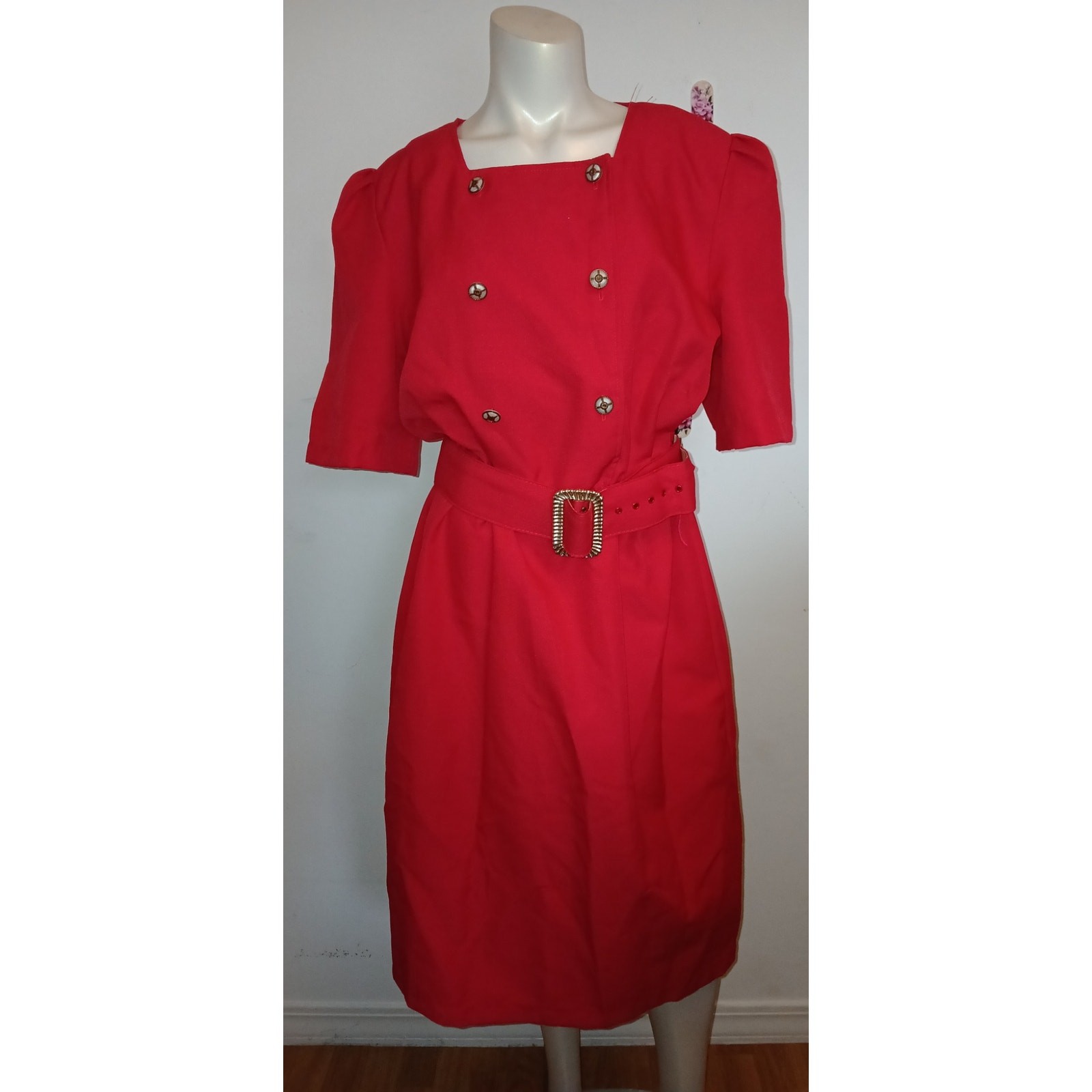 Vintage 1980s Red Square Neckline Belted Dress California Girl Size 18 XL Career
