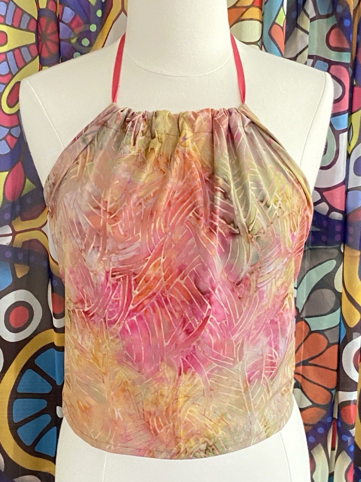 Vintage Cotton Batik Marbled Beige Pink Festival Hippy Halter Top M/L
