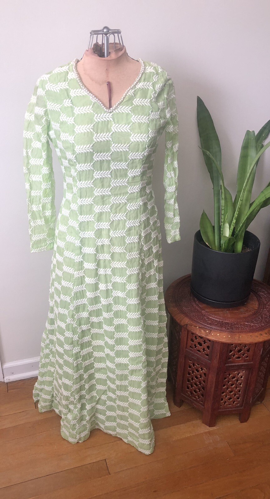 Vintage 1960’s Mint Green Organza Kaftan Dress With White Leafy Embroidery