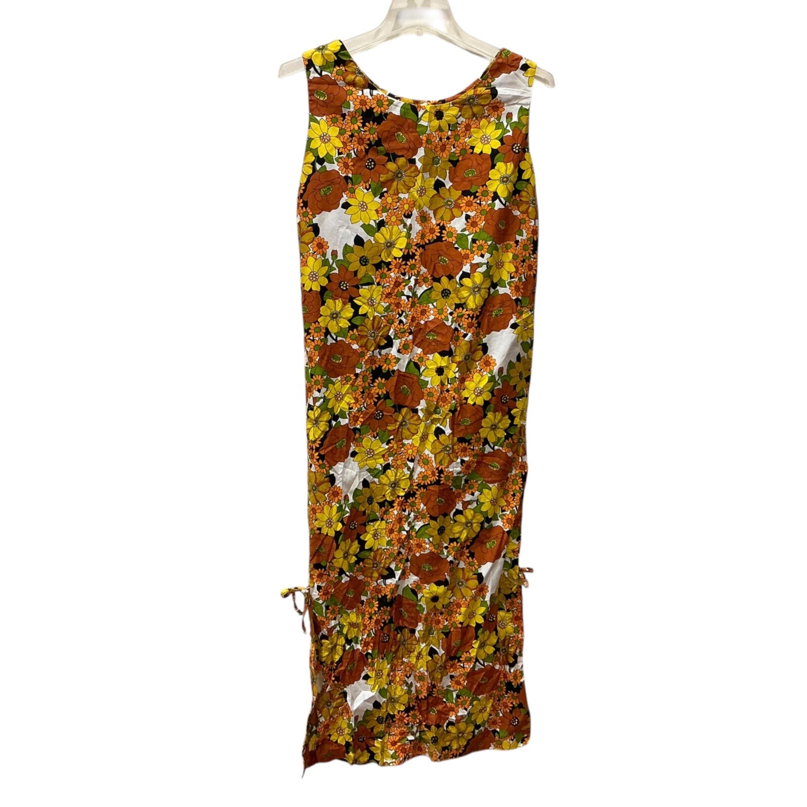 S Vtg Maxi Dress 1960 HAWAII MOD Hawaiian Polynesian Island Floral ruffle Orange