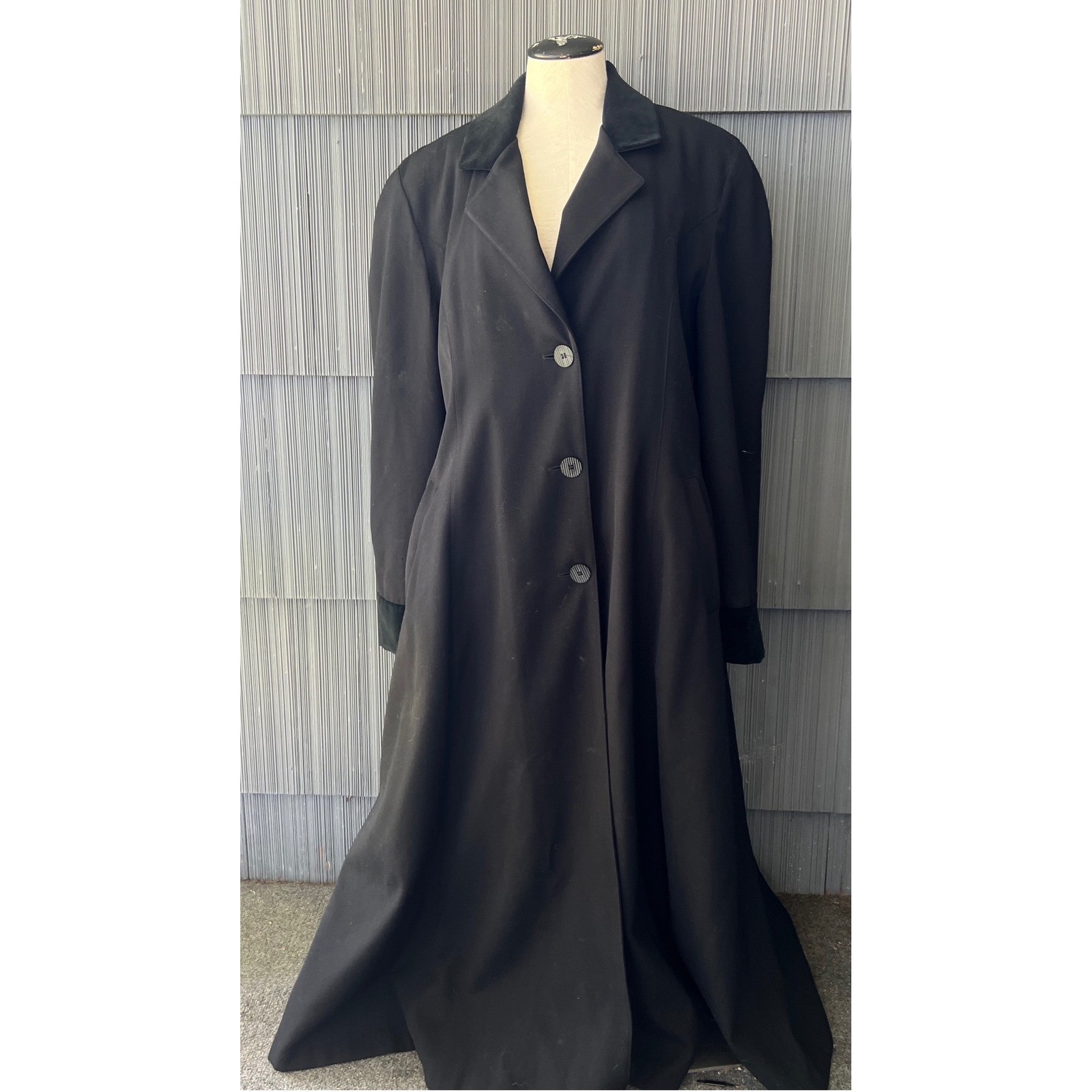 Vintage Goth Black Wool Full Length Duster Trench Coat Velvet Collar Cuff Women