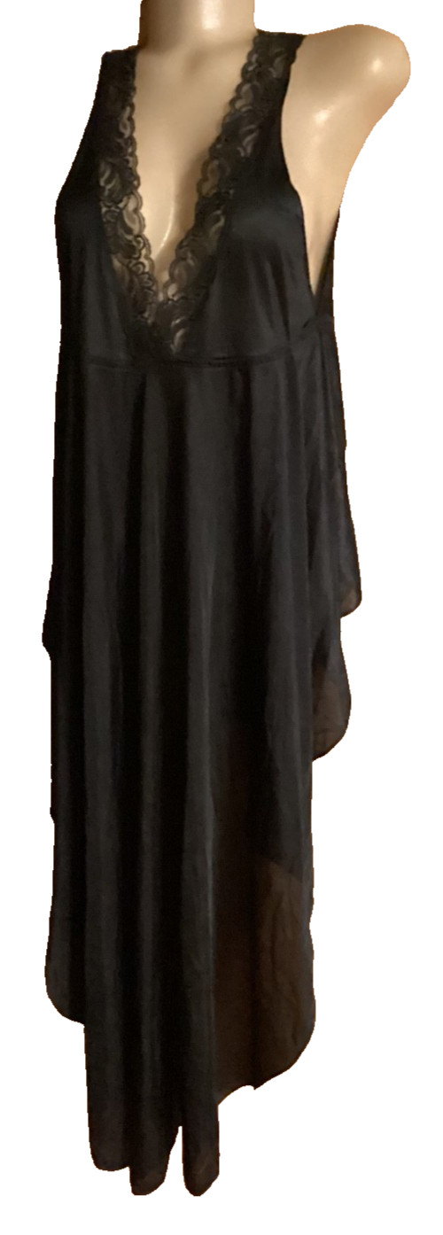Womens Black Open Back Silky Black Lingerie Nightgown Slip Lace V-Neck Ties S