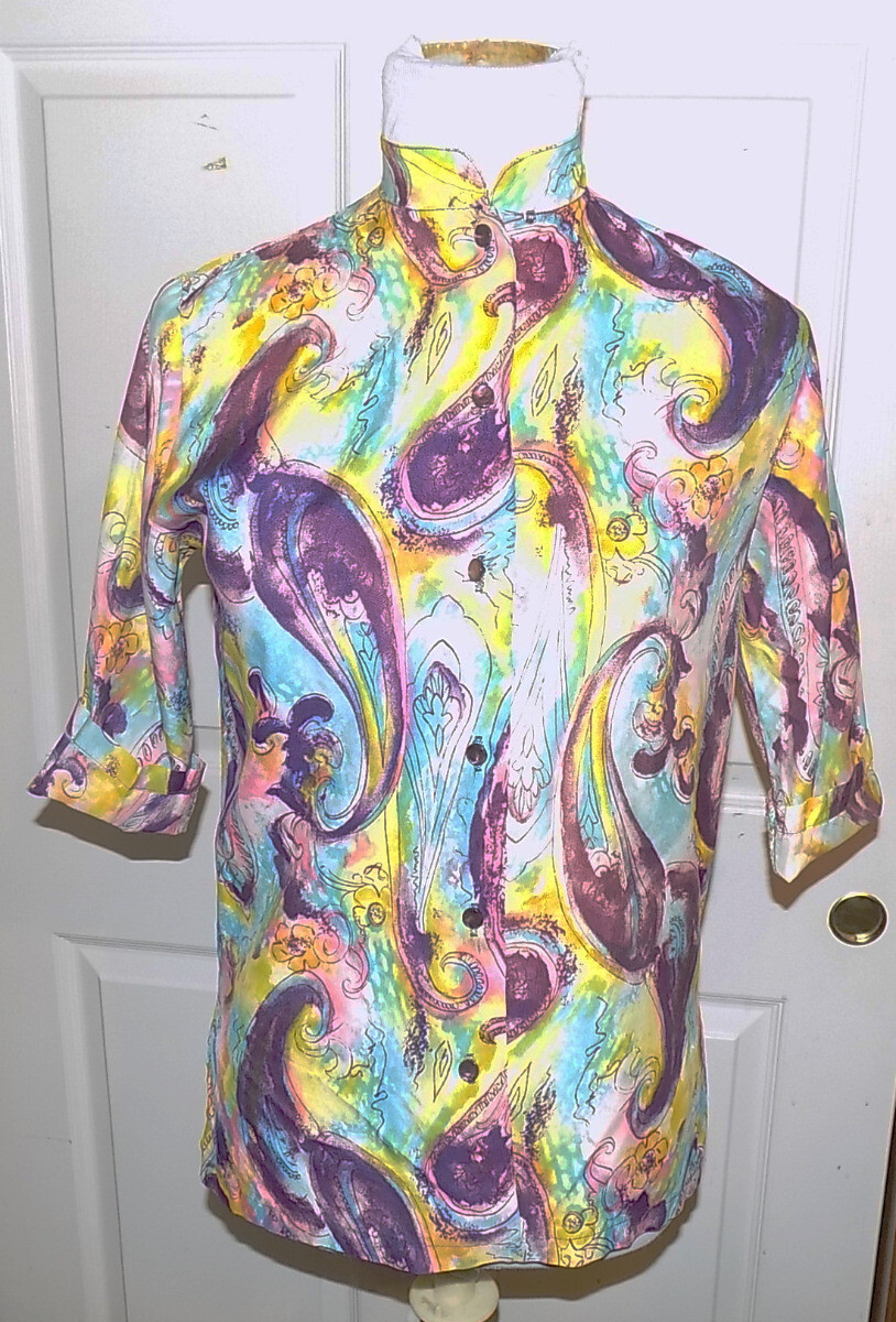 Vintage 60s Mod Paisley Purple Pink Blouse B38