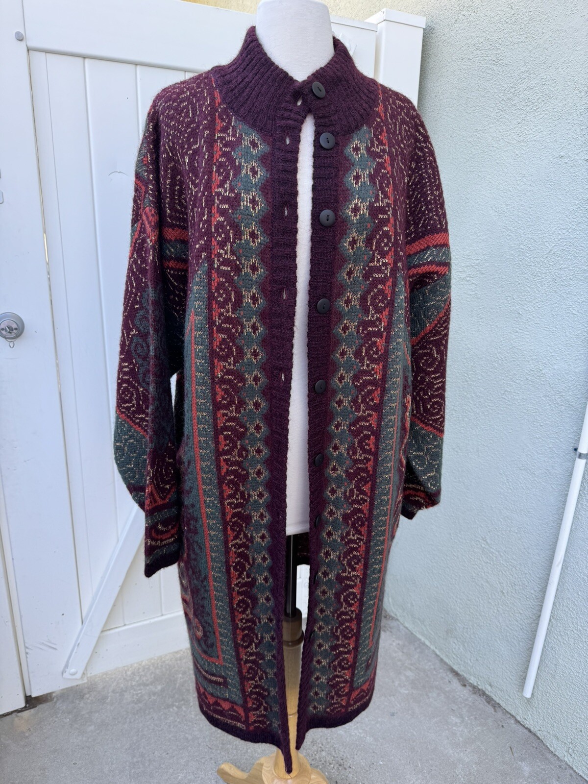 Vtg Cervelle Long Sweater Duster Size XL Burgundy Gold Wool Lurex Fall Pockets