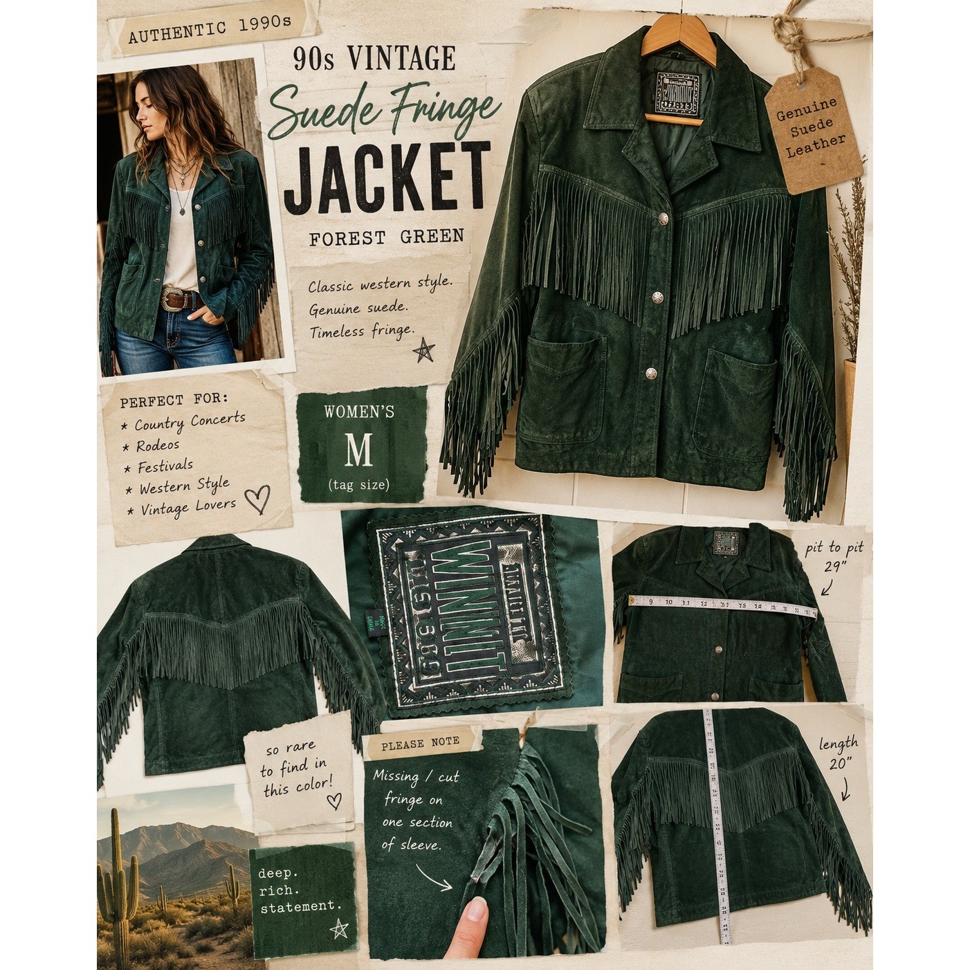 Vintage Winlit 1969 Green Suede Fringe Jacket Women Medium Western Boho 90s Coat