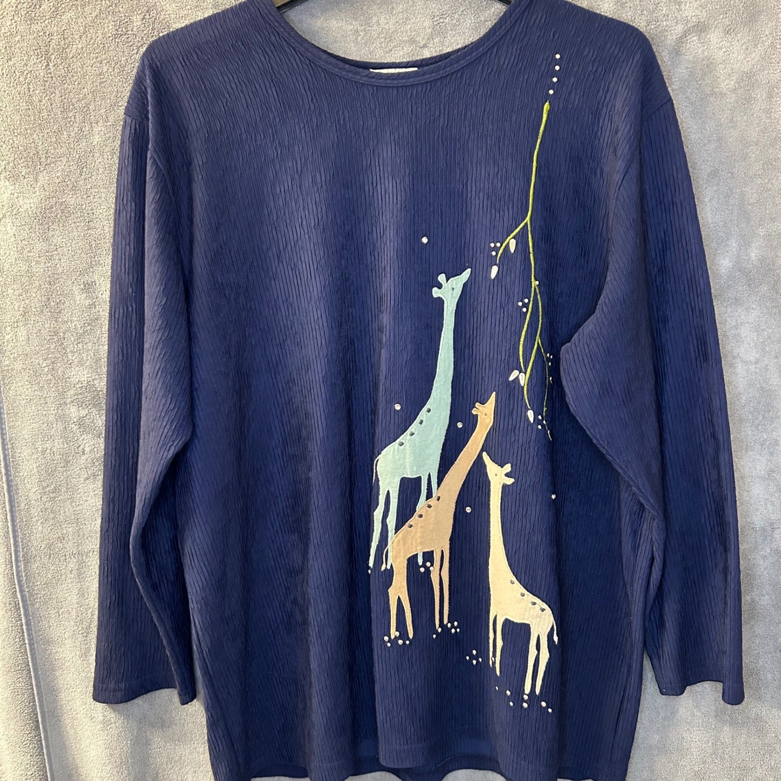 VTG Animal Print Giraffe Embroidered Graphic Womens 2XL Navy Blouse USA Made