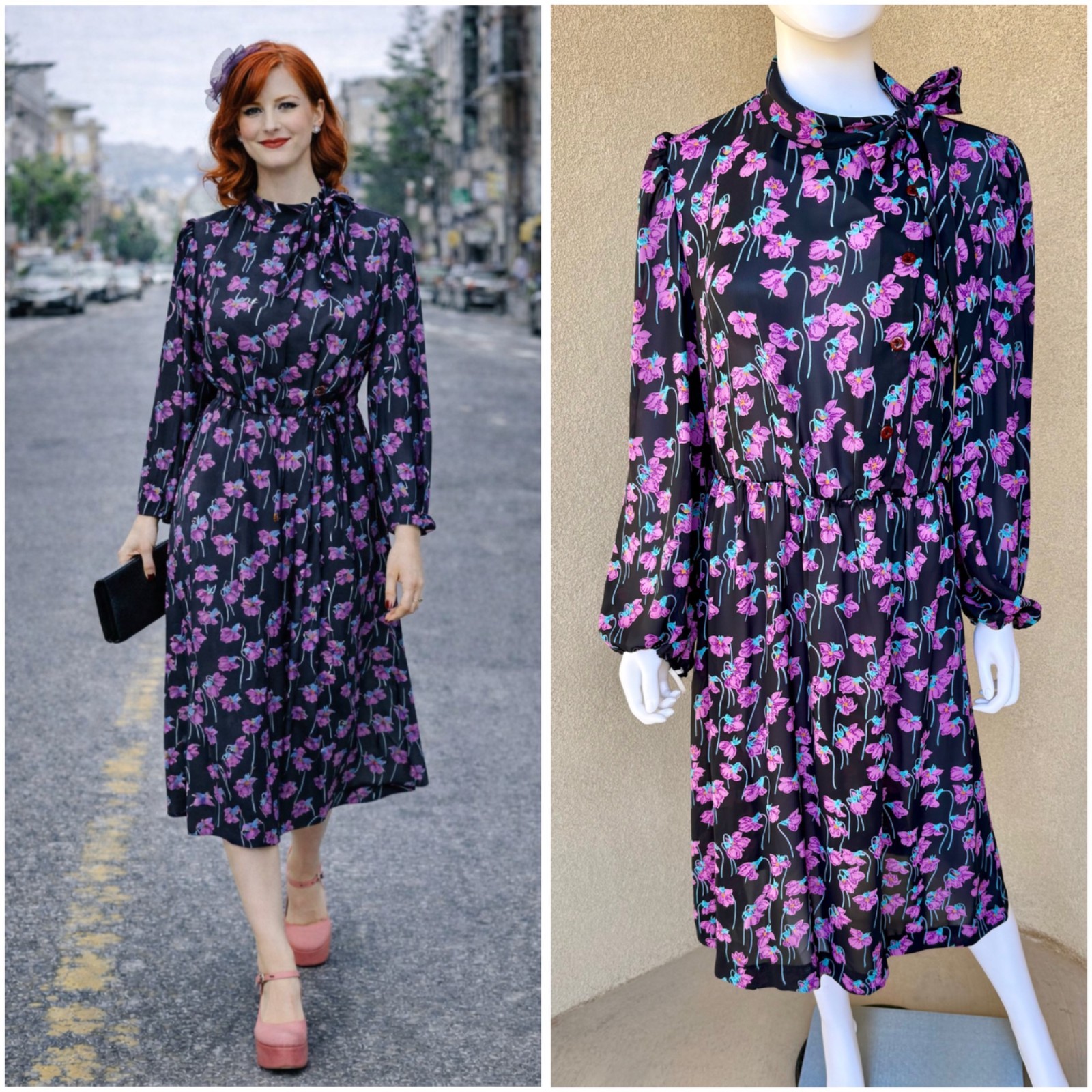 Vintage 60s 70s Sheer Floral Pussy Bow Dress