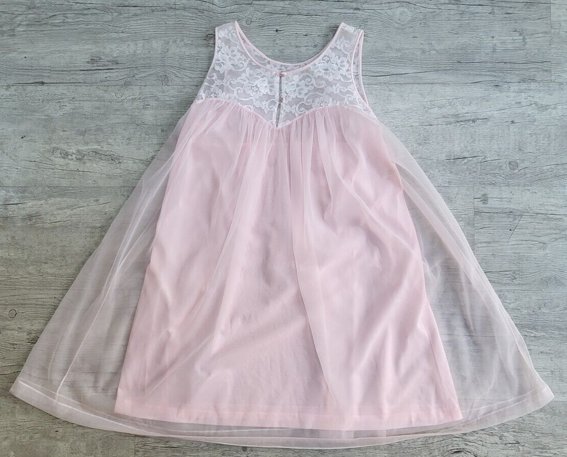 Vintage KOMAR Pink CHIFFON & LACE Babydoll Sissy Nightgown – Size S – EUC