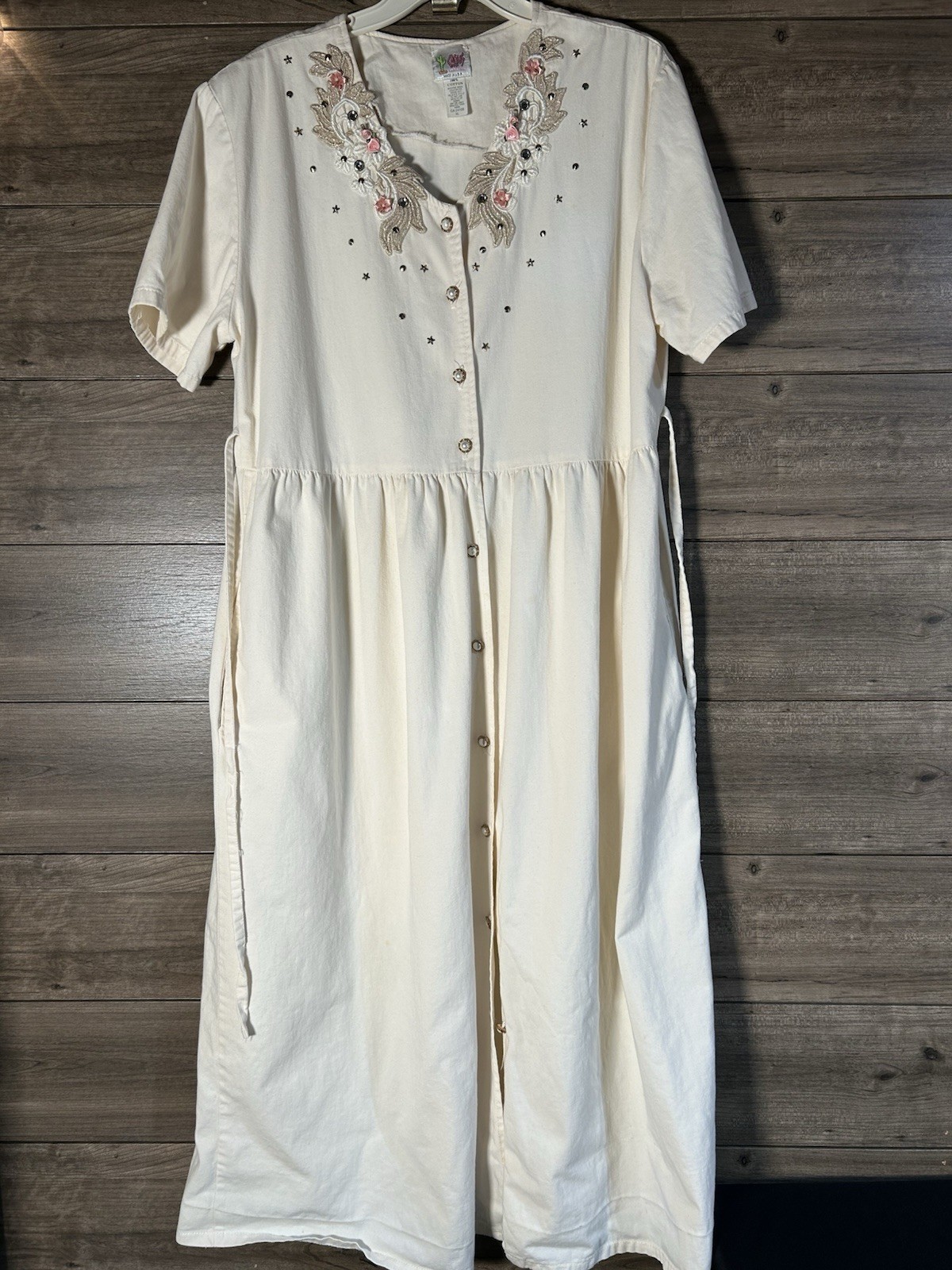 Country ChicCreamColored Denim Dress PearlButtons Appliqué Bedazzled VTG 80-90s