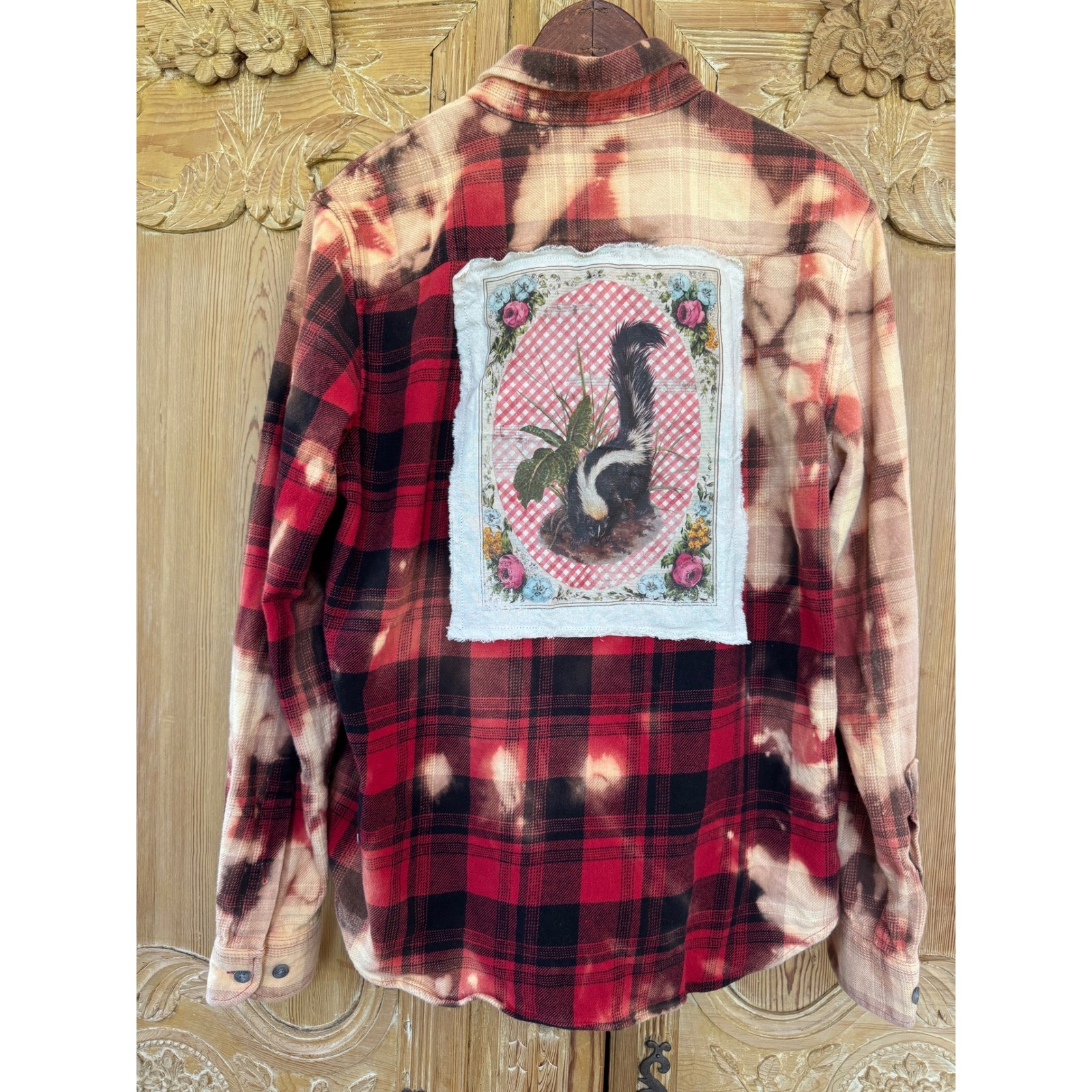 Vintage Skunk Upcycled Bleached Flannel Shirt Folk Art Medium