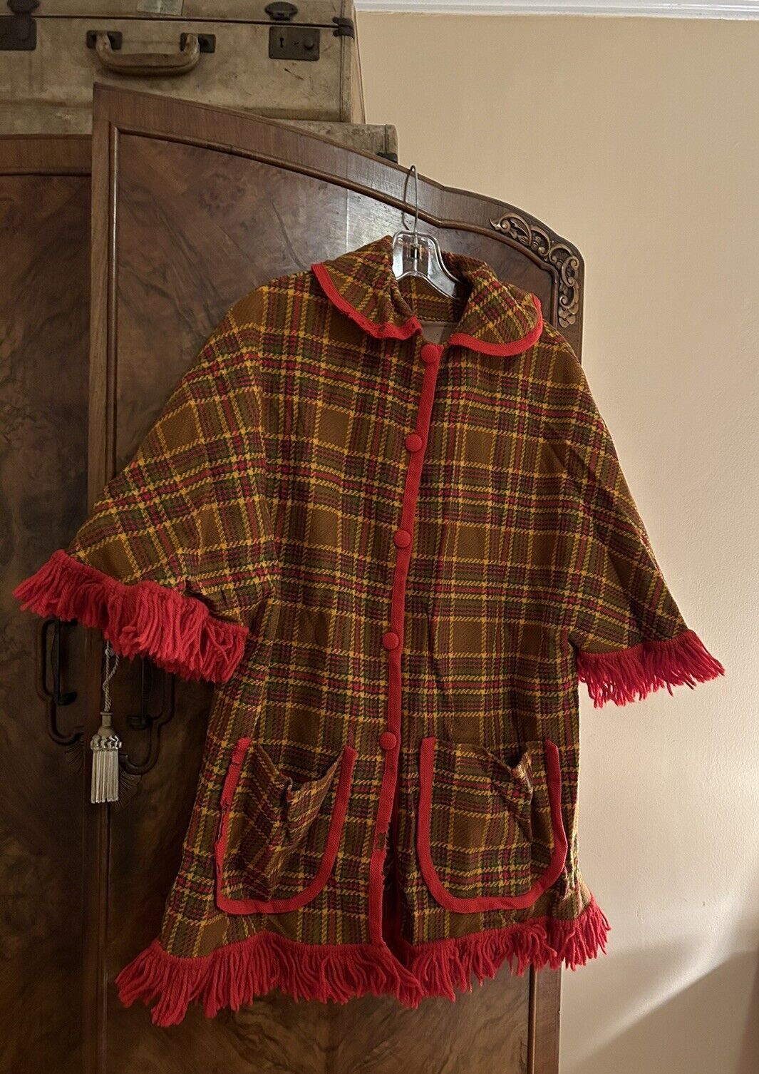 Vtg mid century plaid cape jacket fringe groovy modern boho needs repair on trim