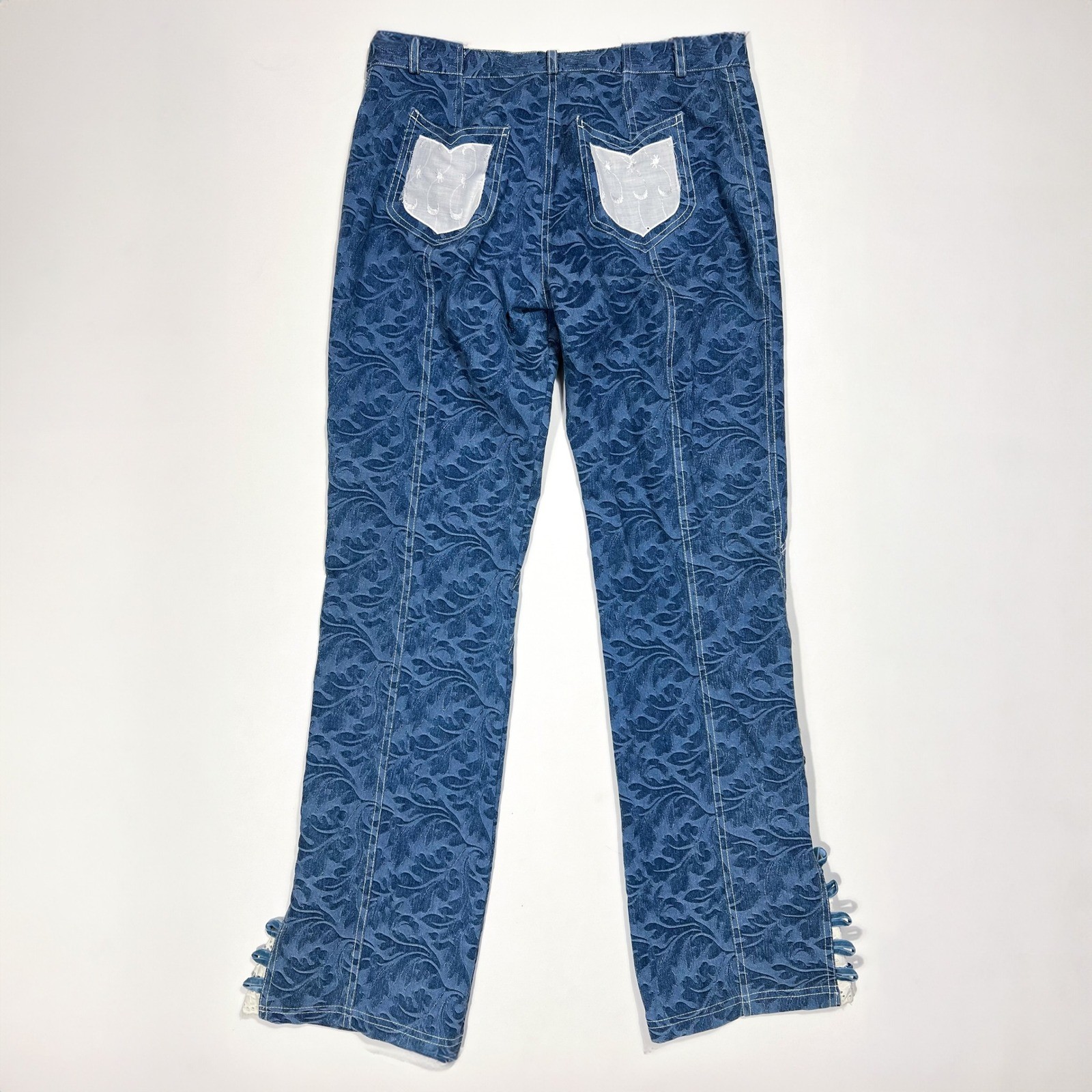 Vintage Dekers Paris Flared Brocade Pants Blue Floral Lace Button Hem
