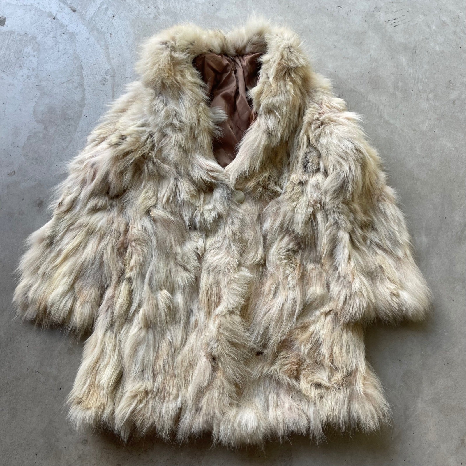 Vintage Genuine Fox Fur Coat Cream Tan Mid-Length Shawl Collar Distressed Flawed