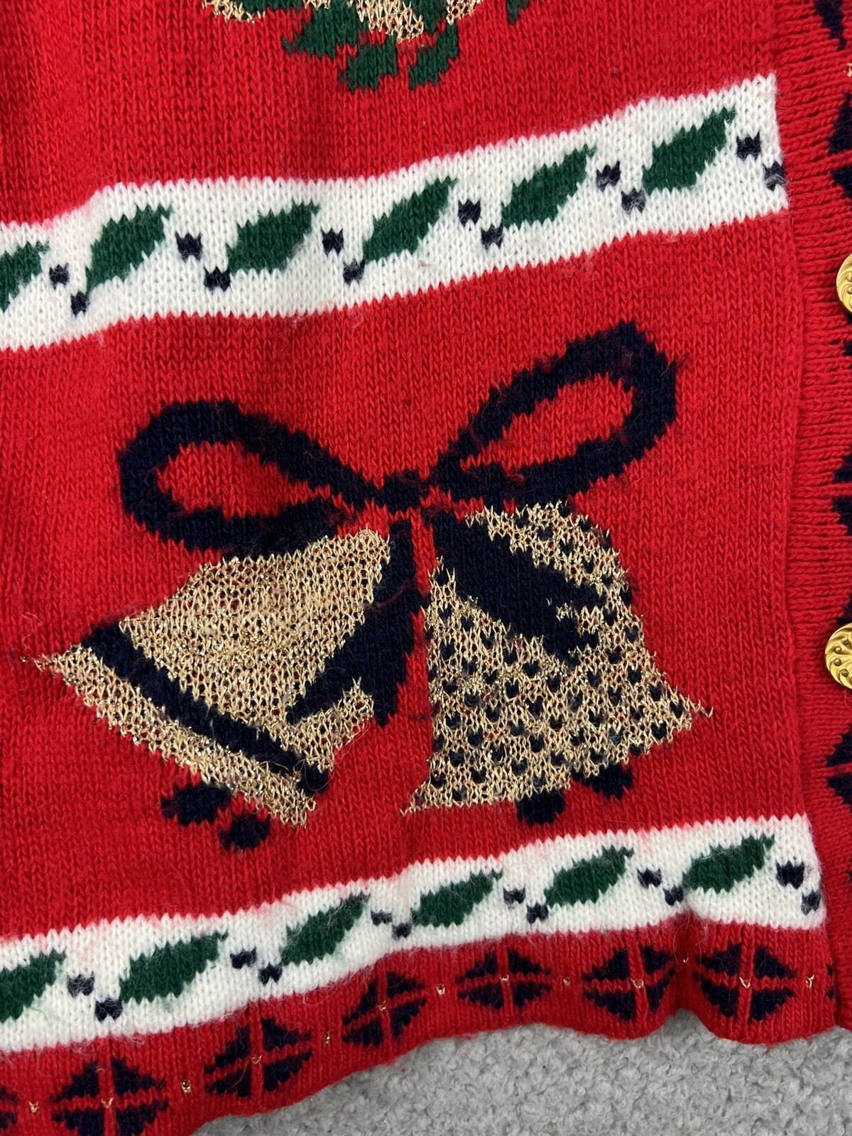 VTG Adele Knitwear Ugly Christmas Sweater Large Bear Tree Bells Present Cardigan