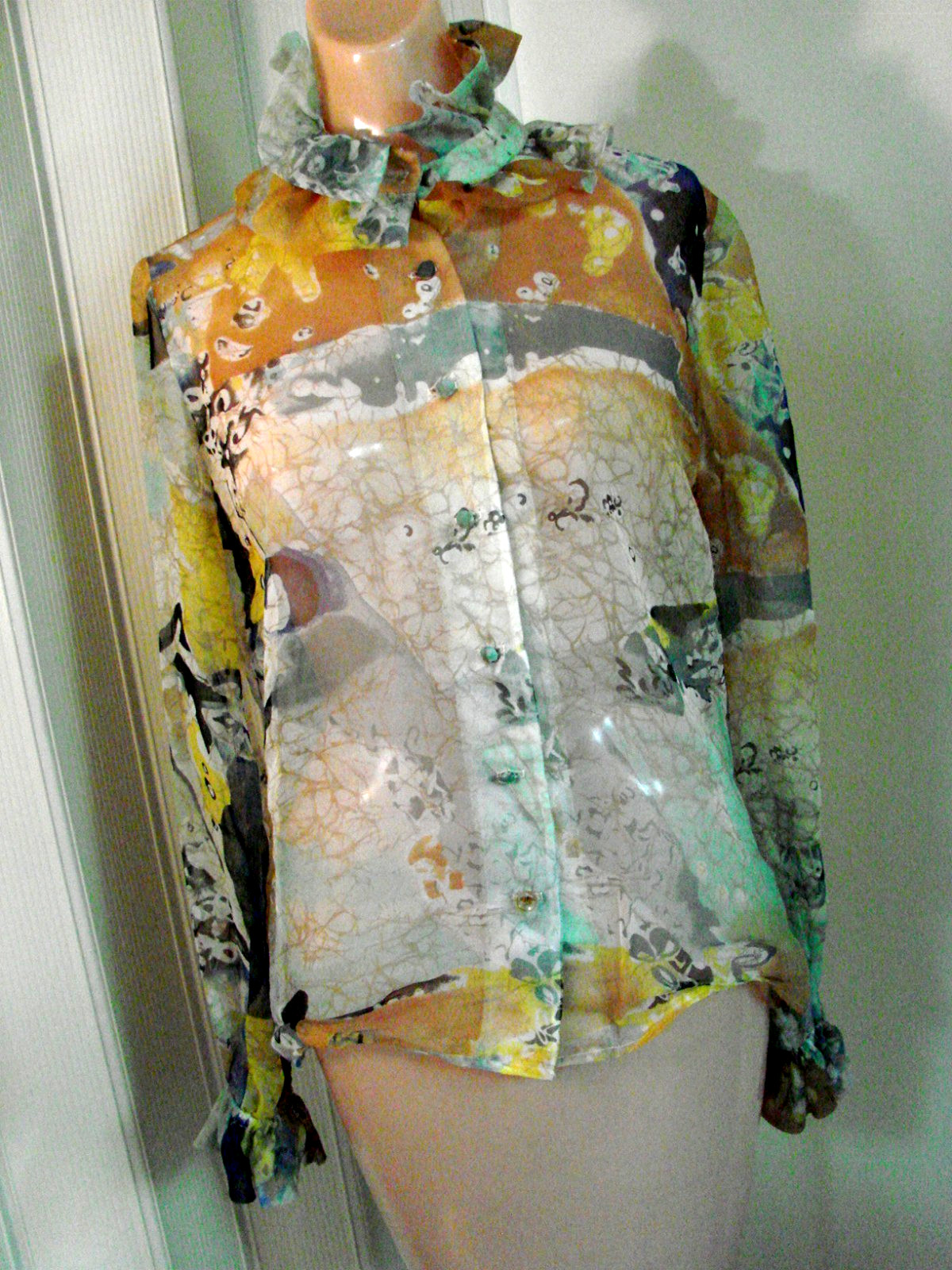 VTG 50s Long Sleeve Top Blouse Button Front Sheer Water Color Batik M UNIQUE VGC