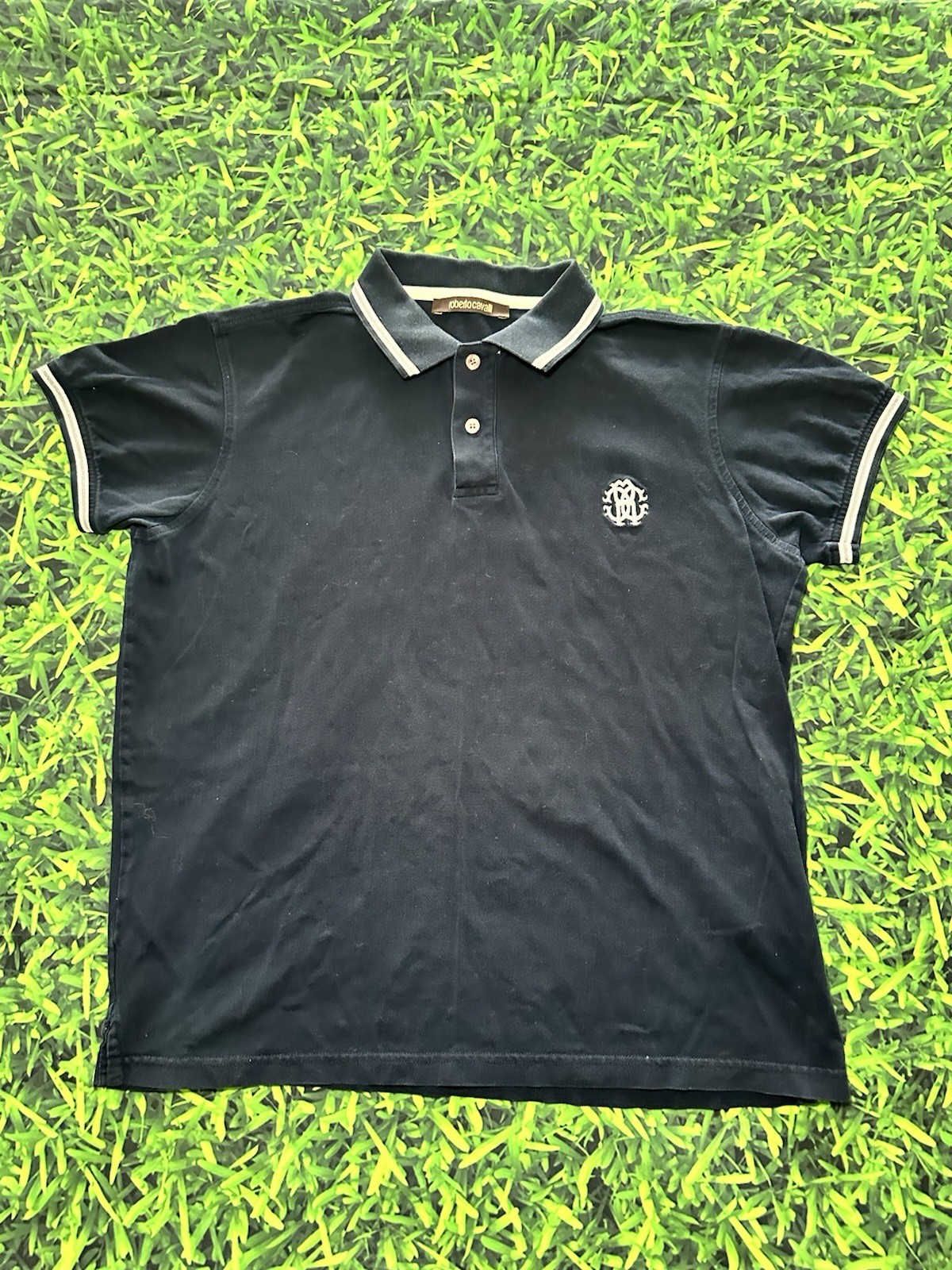 Vintage Y2K Roberto Cavalli Navy Logo Polo Shirt Sz L Preppy Academia Hologram