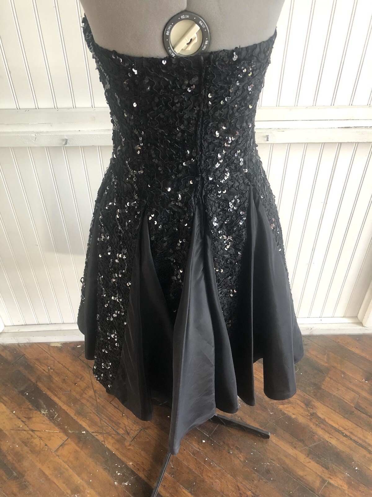 Elegant 1980’s Black Sequin & Ribbon Strapless Dress, XS/S