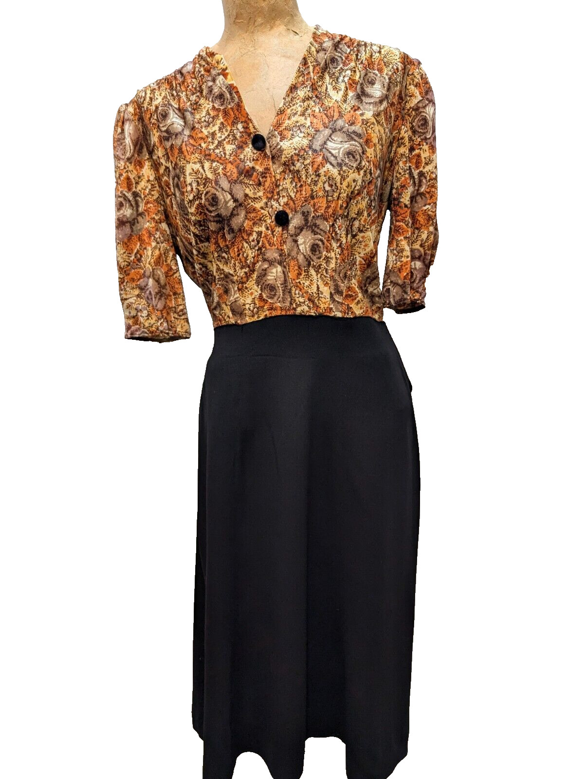 Vintage 1950’s Brown Orange Tan Jersey & Black Rayon Dress Size Medium