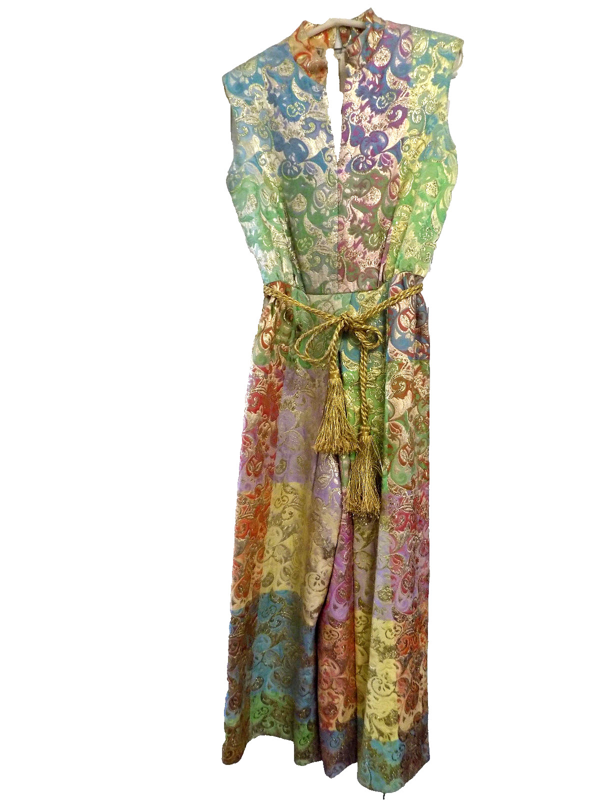 Vtg FAB 60s Joseph Magnin Metallic Tapestry Gold Pink Green Disco Maxi Jumpsuit