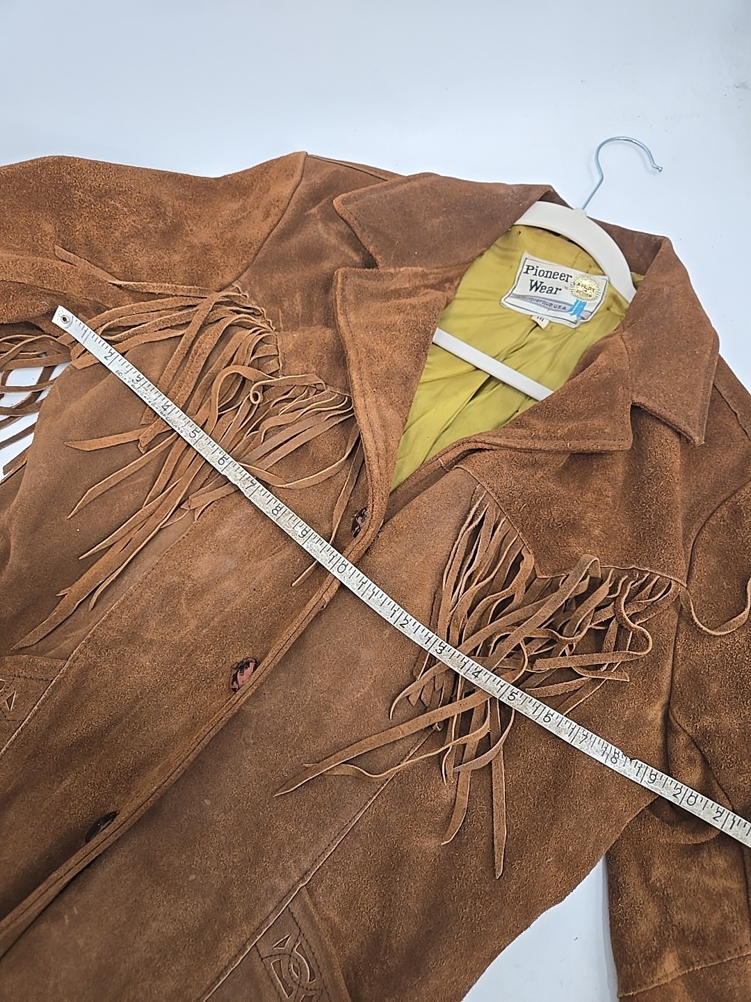 Vintage 1960s Pioneer Wear Brown Suede Fringe Jacket Coat Womens 16 Retro Cowboy