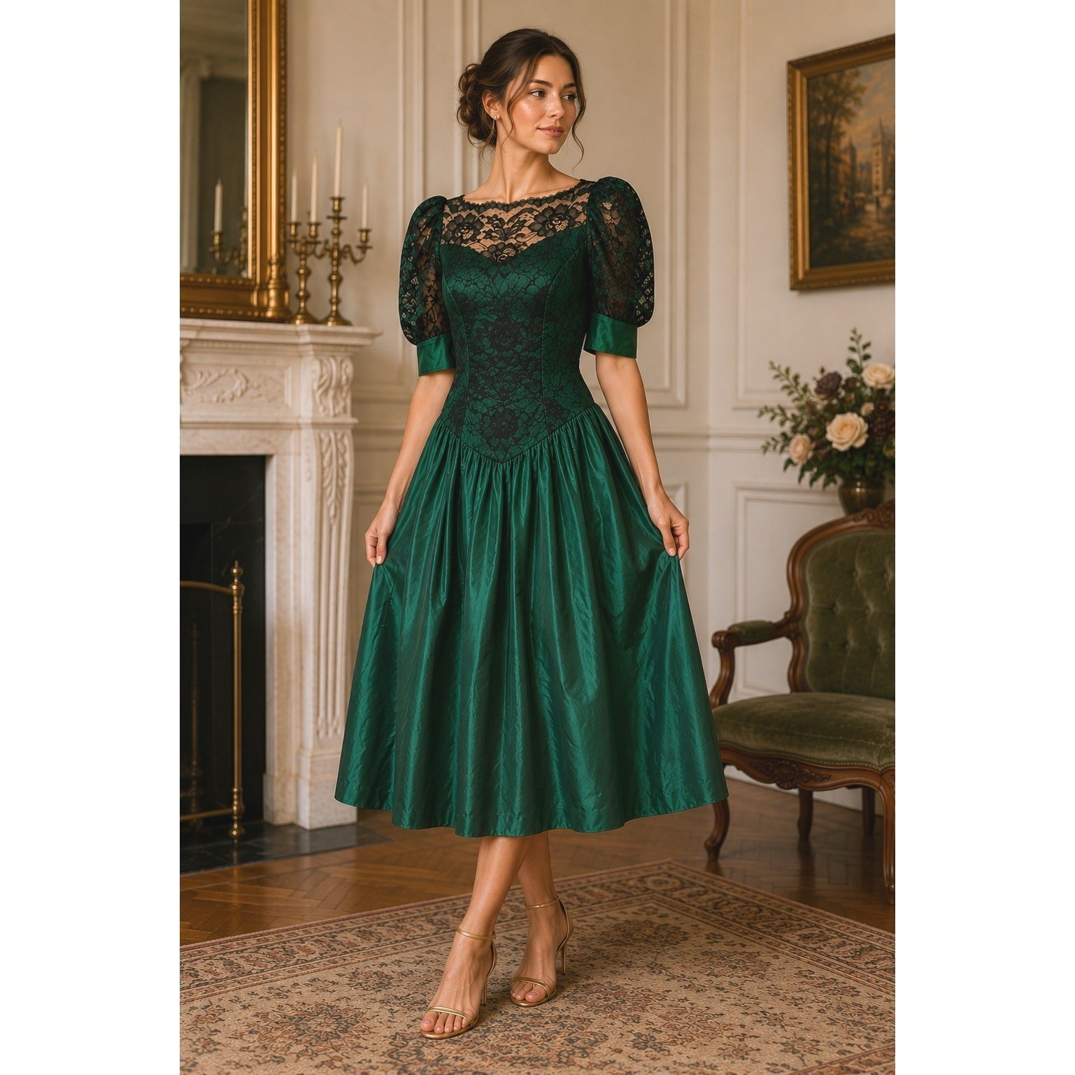 80s ILGWU Dress Emerald Green Lace Taffeta Prom Goth Glam Bow Back