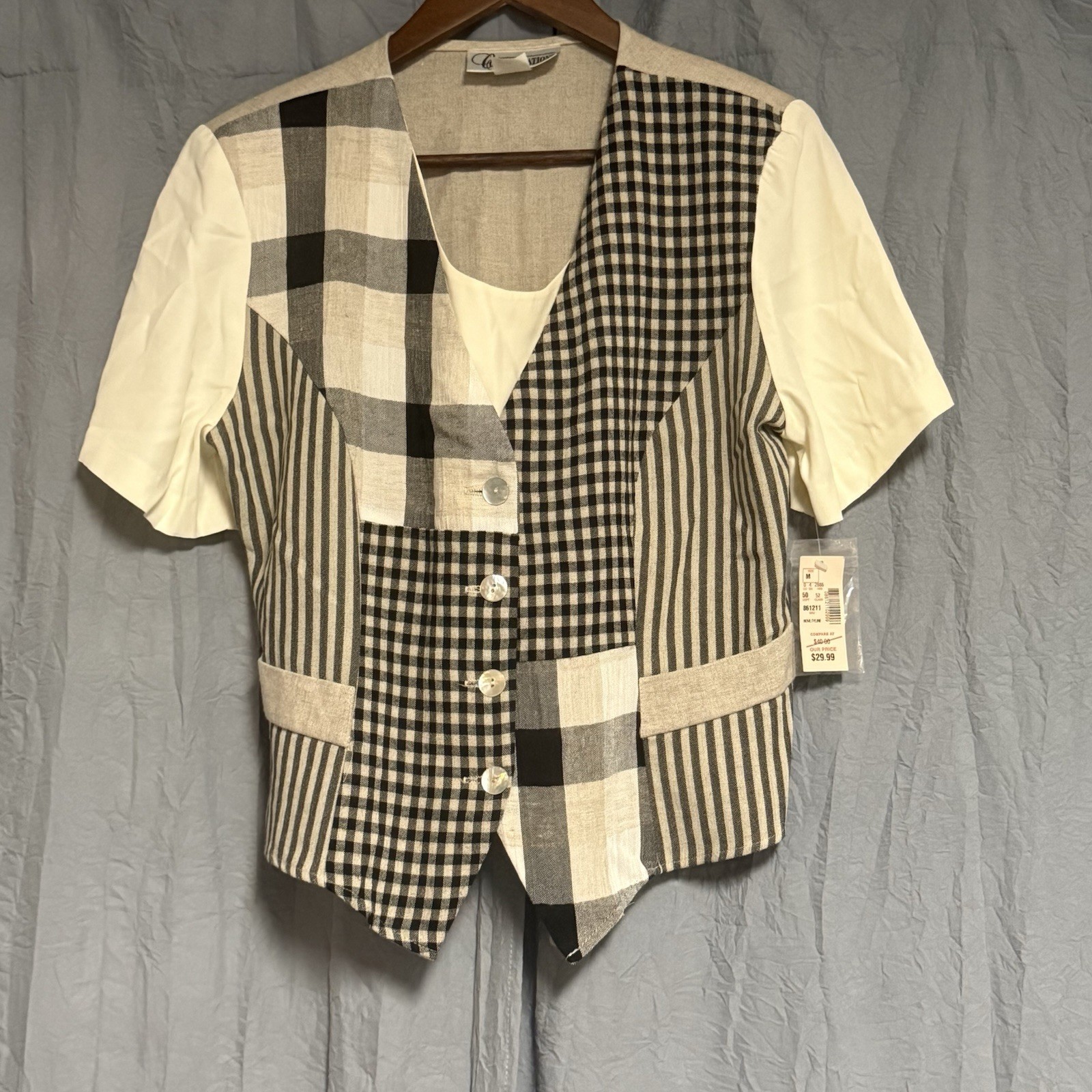Vintage 90s Mock Vest Shirt M NWT Cottagecore Gingham Plaid Mixed Media Blouse