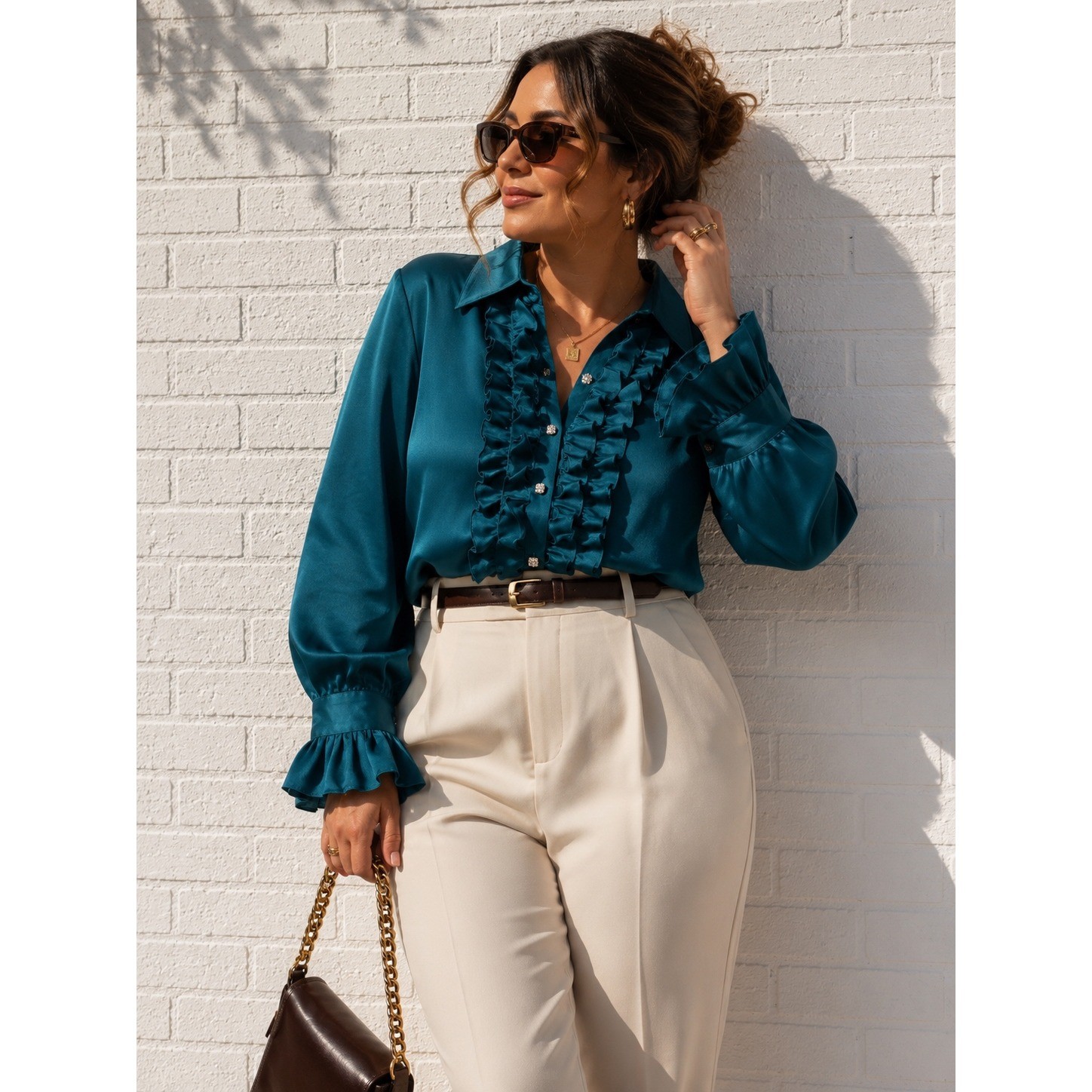 Vintage Talbots Teal Pure Silk Ruffle Blouse Rhinestone Button Up Top 18W