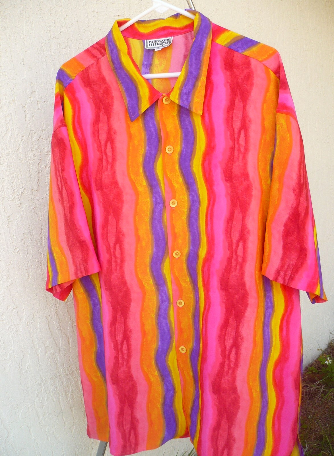 VTG 80 PARDAZZIO UOMO XXL 2X BRIGHT CURVY STRIPE ART RED PURPLE COLOR SHIRT MOD