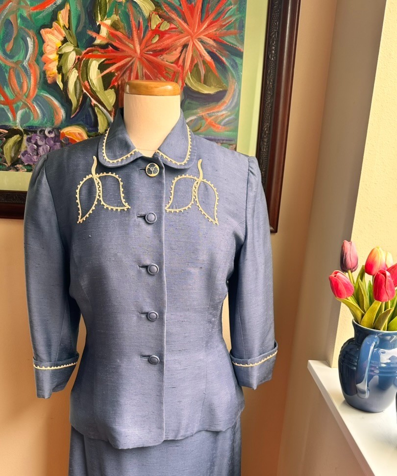 Blue Raw Silk Suit by Country Club Coat c1950 – Tailored Jacket & Skirt – S