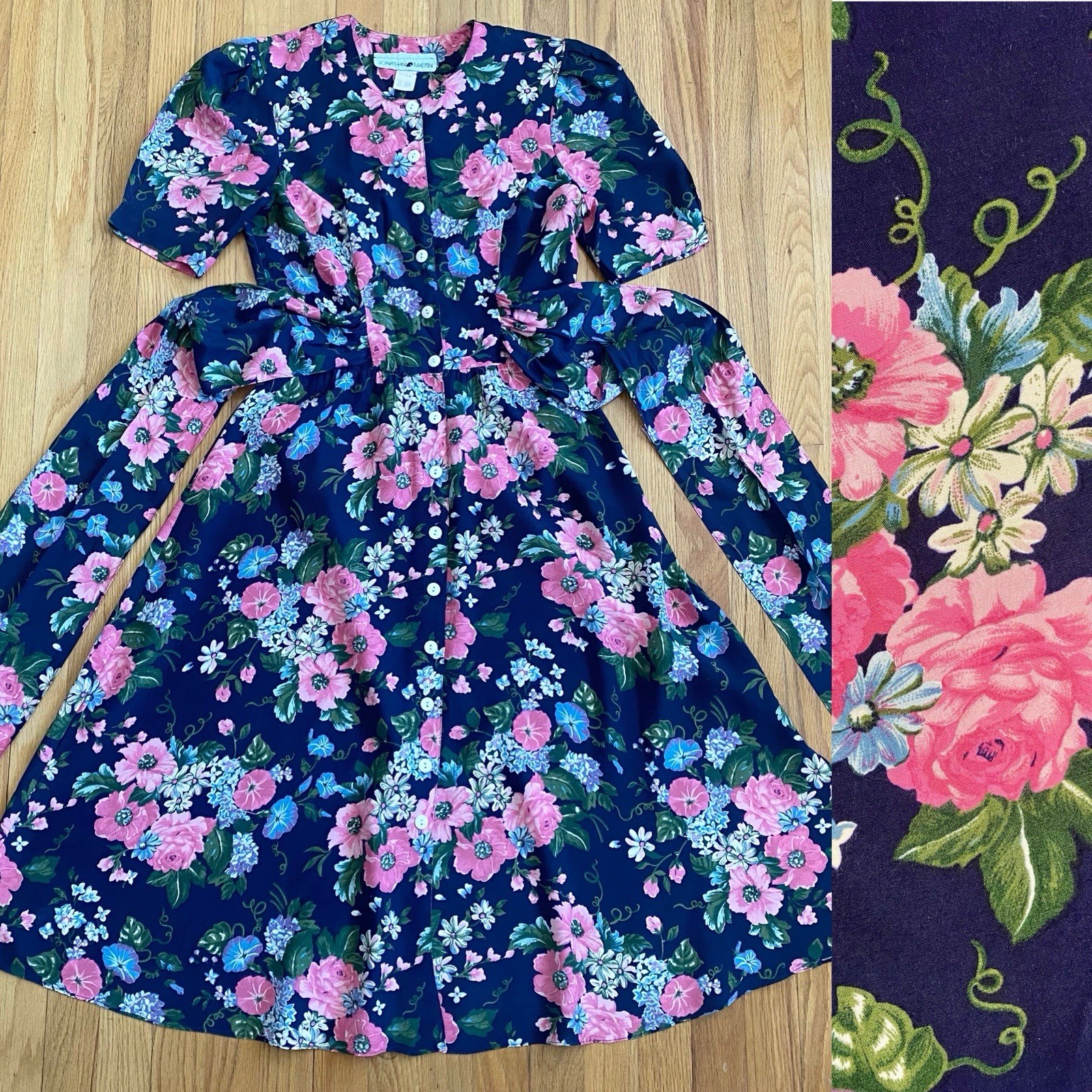 Vintage 80s JONATHAN MARTIN Dress *5/6* Navy Pink Floral Button Front Tie Back