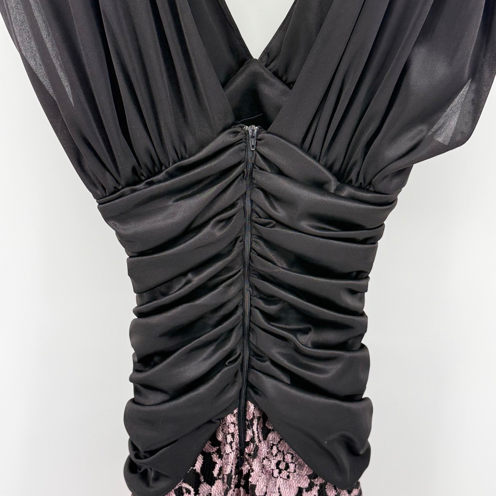 Vintage 80s SENECA Prom Dress Gothic Black Ruched Liquid Satin Pink Lace 3/4